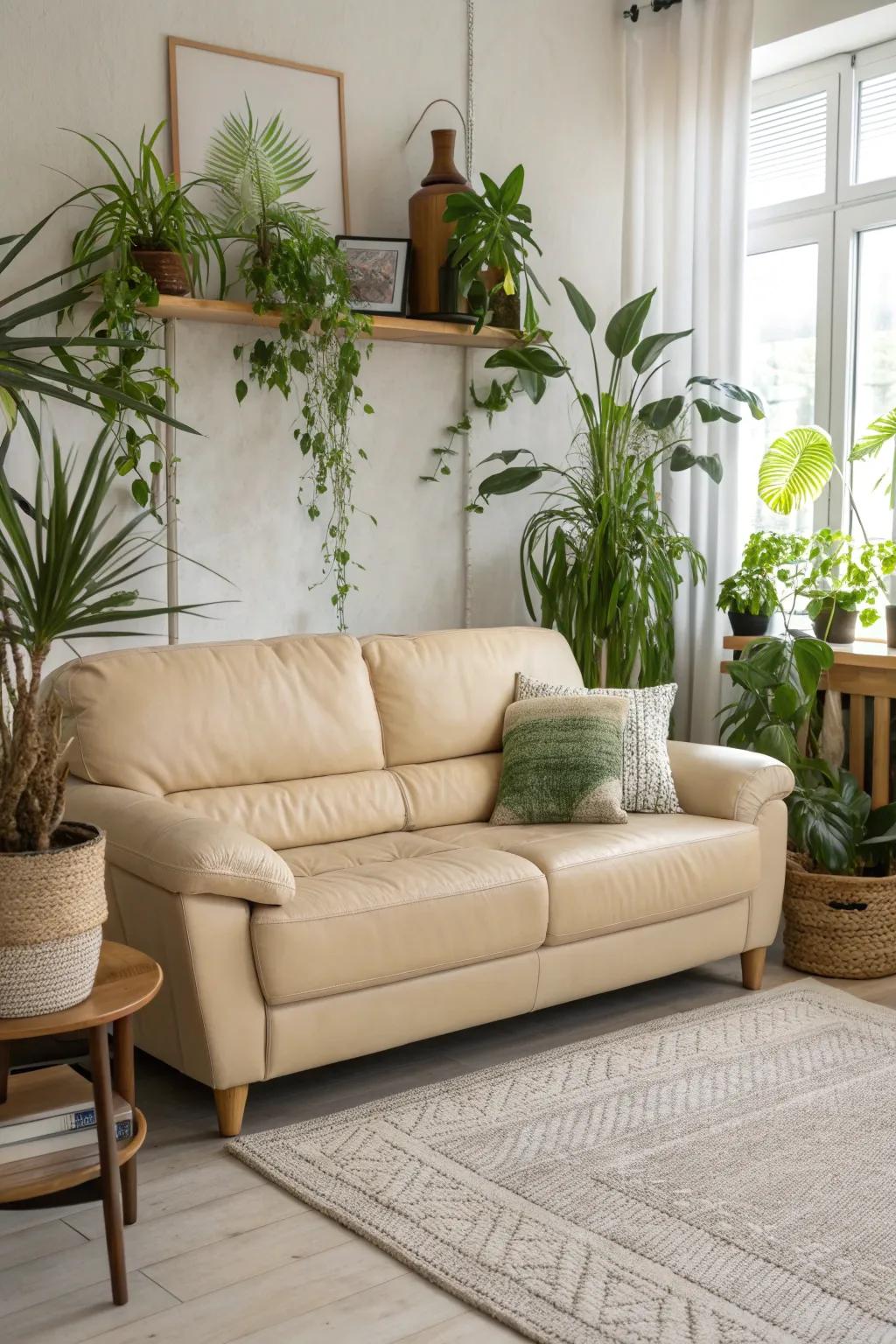 Bring life to your space with lush greenery and a neutral sofa.