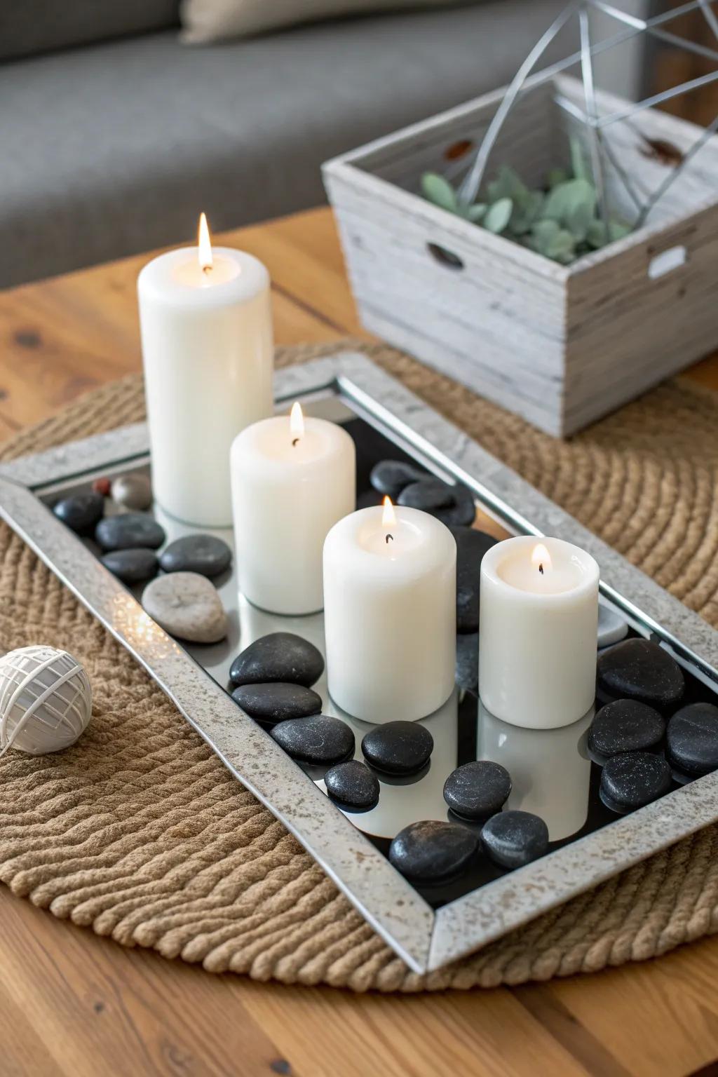 Reflect elegance with a mirrored tray featuring candles and stones for a warm glow.