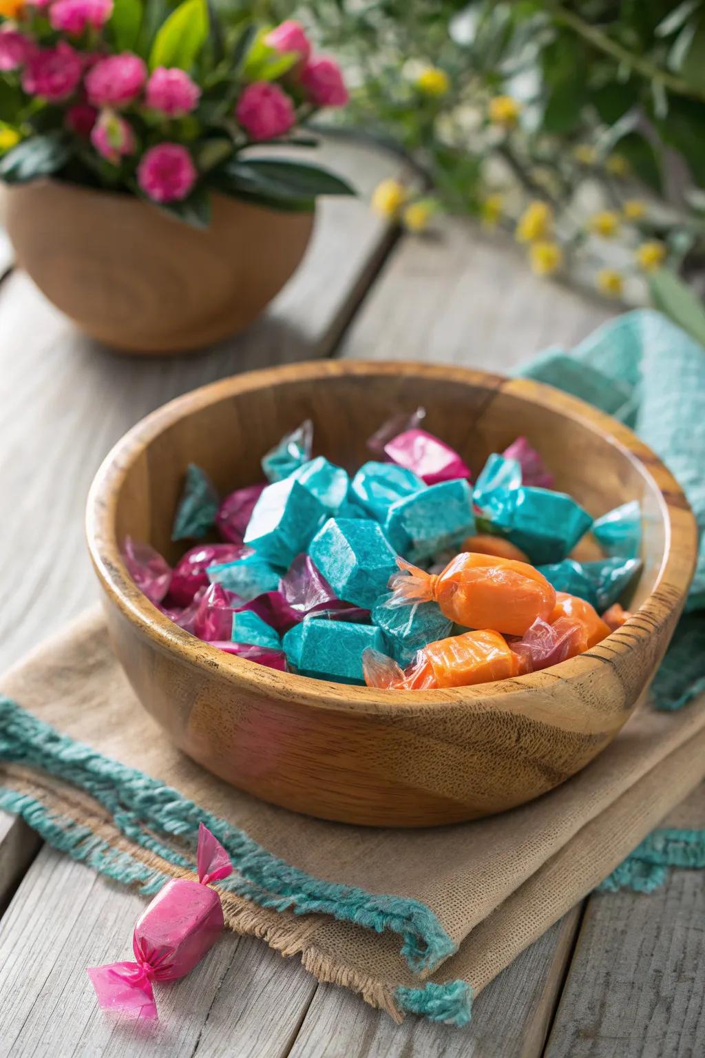 Bring rustic charm to your table with a candy-filled wooden bowl.