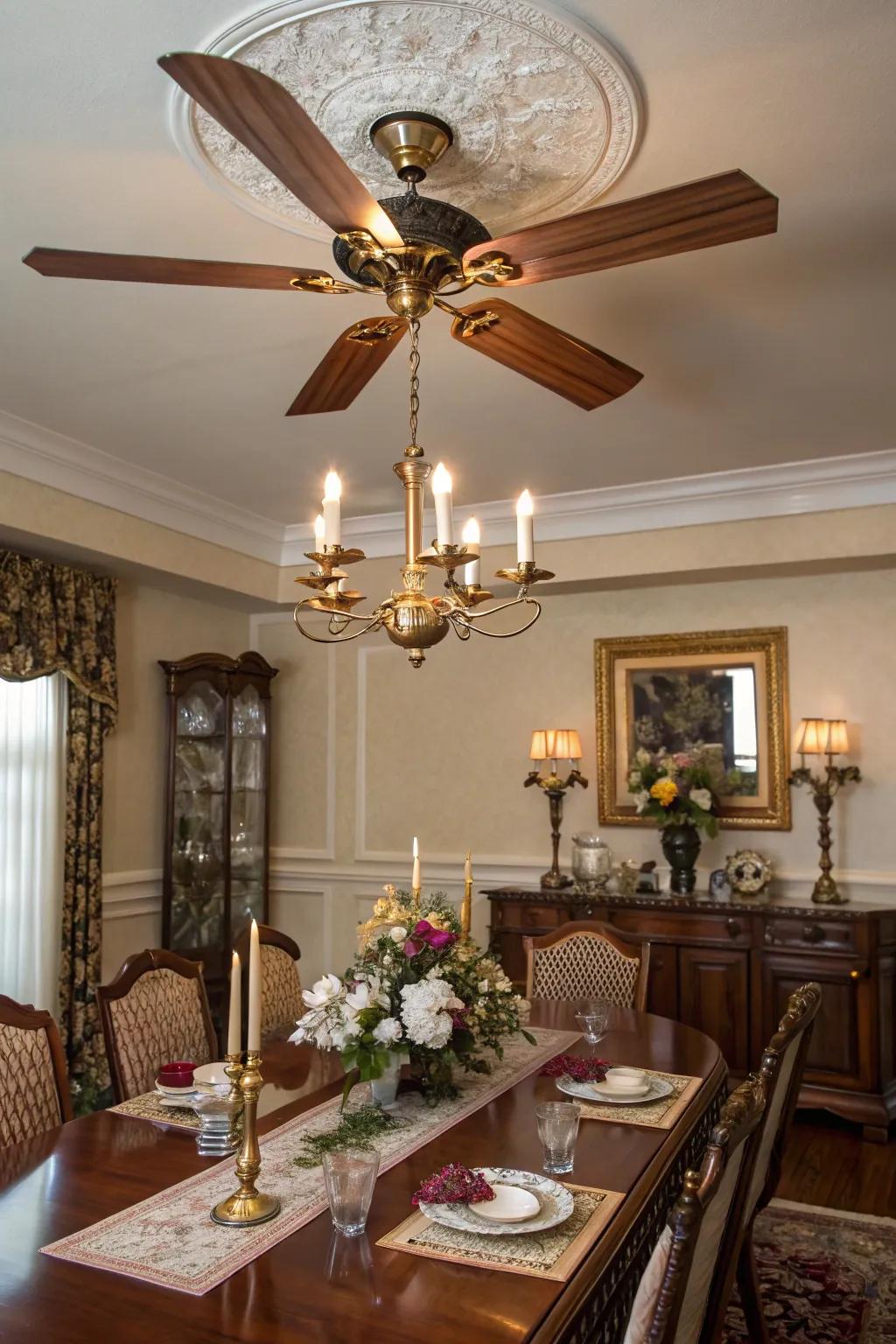 Timeless charm abounds with a traditional ceiling fan that enhances your dining room's elegance.