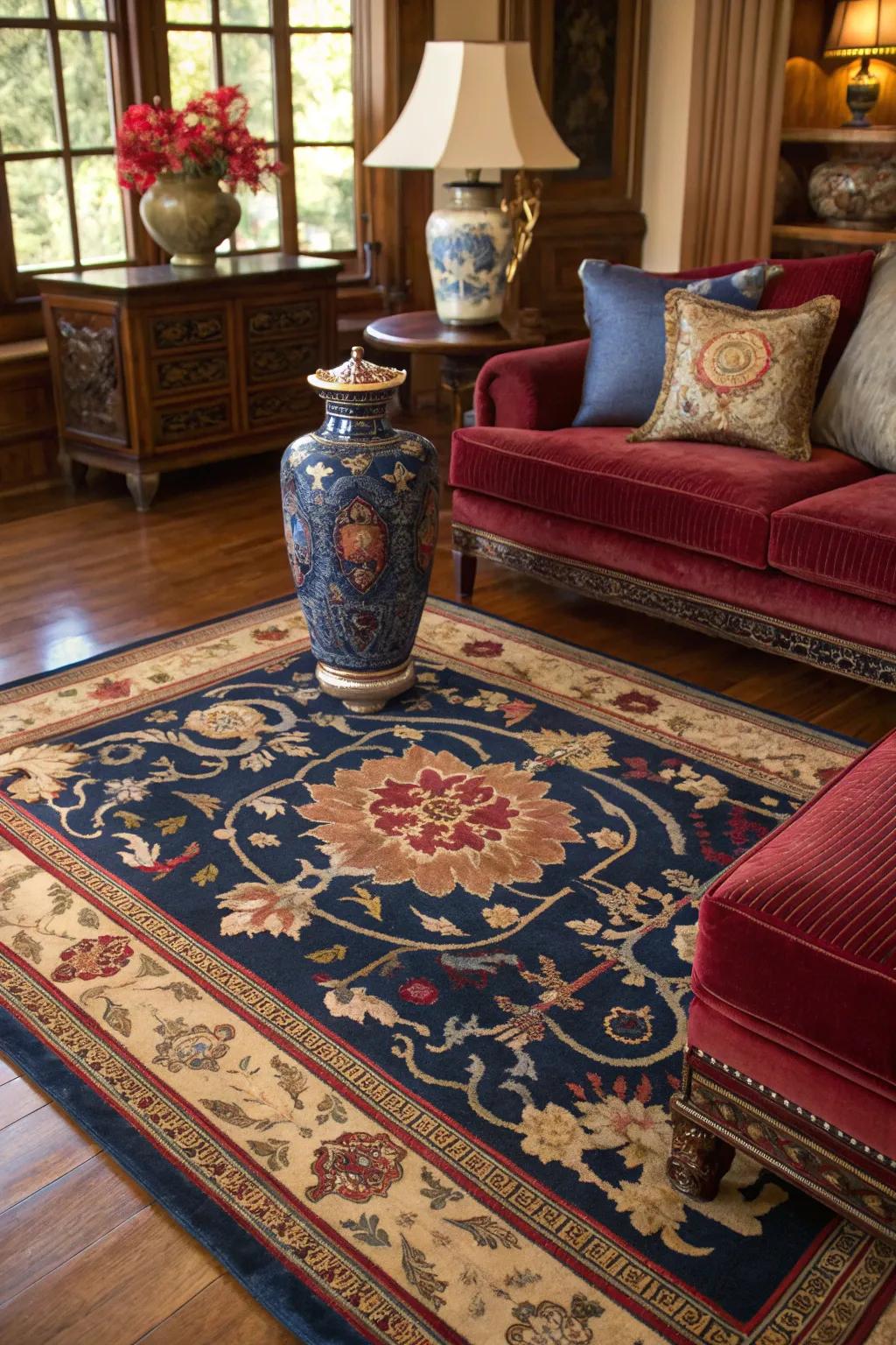 A chinoiserie rug grounds your space with timeless elegance.