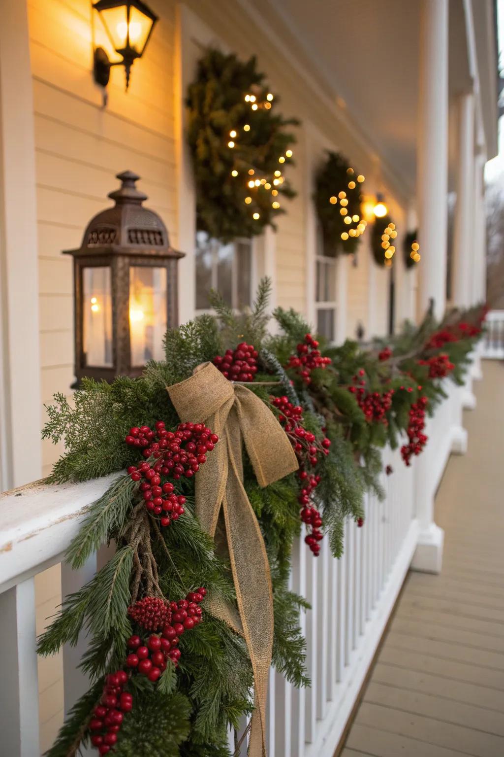 Add a pop of color to your porch with berry-laden garlands that bring your decor to life.