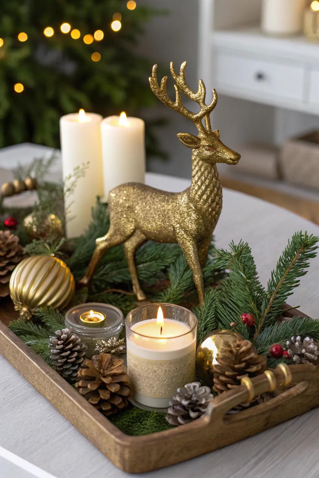 Add a touch of elegance with gilded accents for a luxurious holiday display.