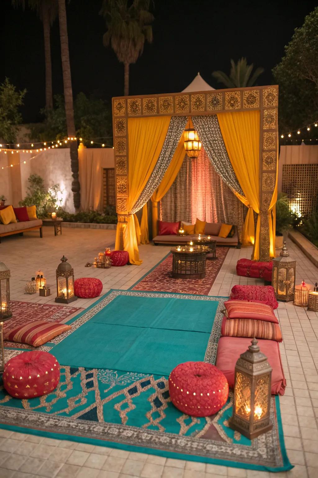 Dazzle your guests with a Moroccan nights theme, where rich colors and exotic patterns create a sensory-rich experience.