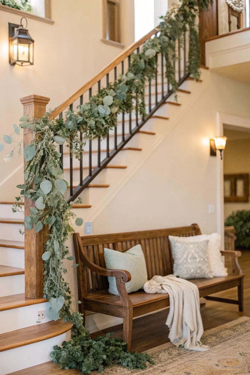 Enhance your staircase with the lush beauty of eucalyptus garlands.