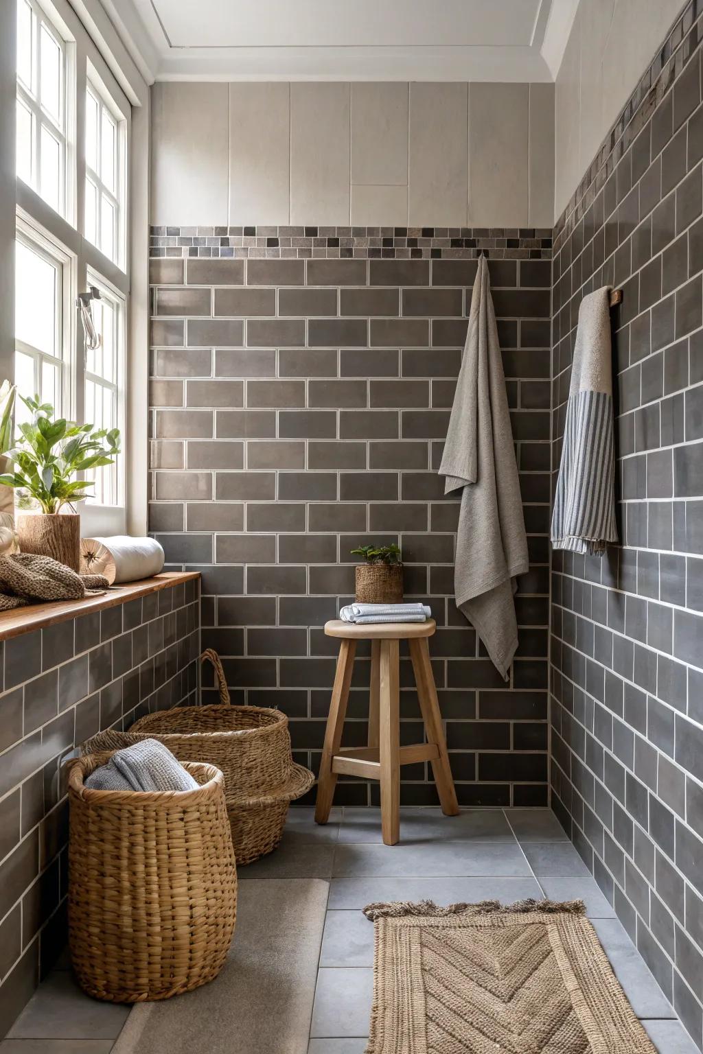 Achieve a striking look with grey subway tiles and dark coffee grout.
