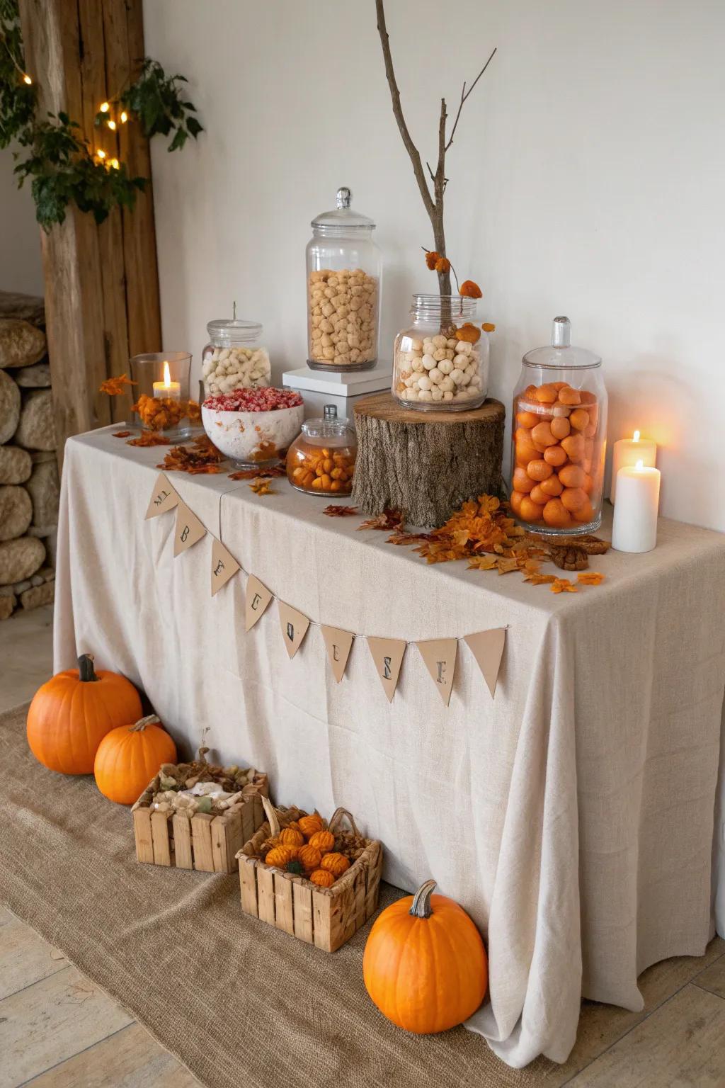 A pumpkin patch candy bar is a sweet delight for guests to enjoy and take home.