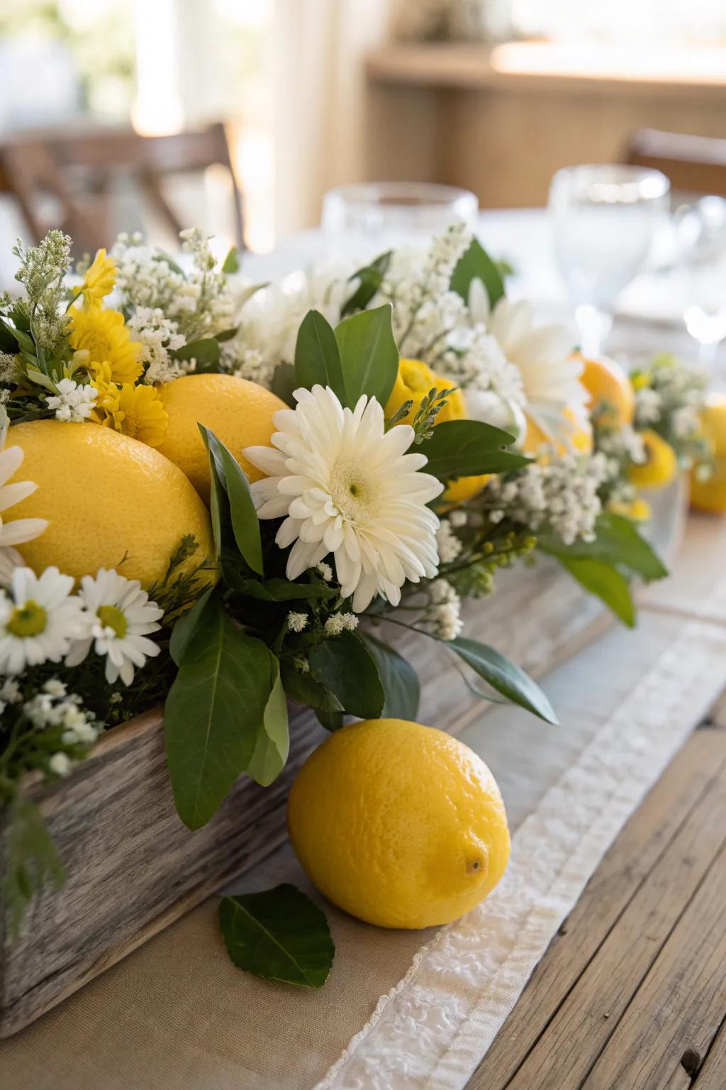 Achieve a crisp and clean aesthetic with a blend of lemons and white flowers, ideal for minimalist decor.