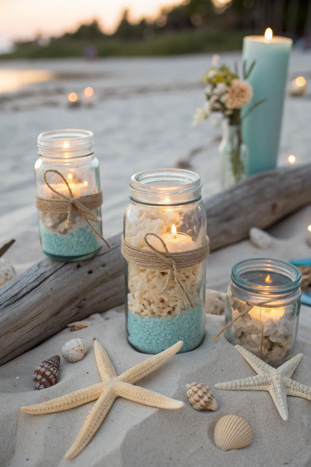 Capture the essence of the sea with beach-themed mason jars, perfect for coastal wedding vibes.