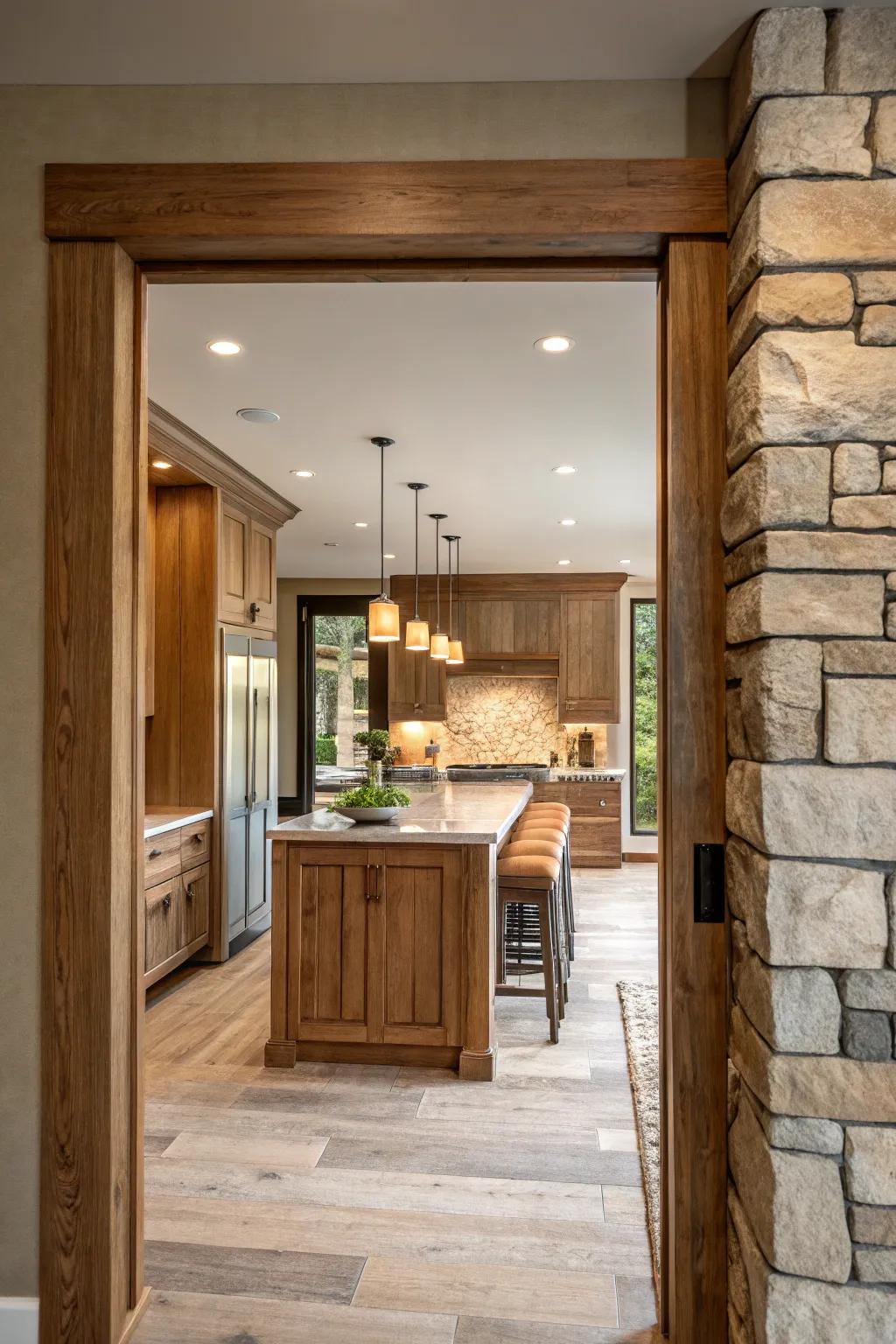 Merge modern with nature using stone and wood for a tranquil kitchen atmosphere.