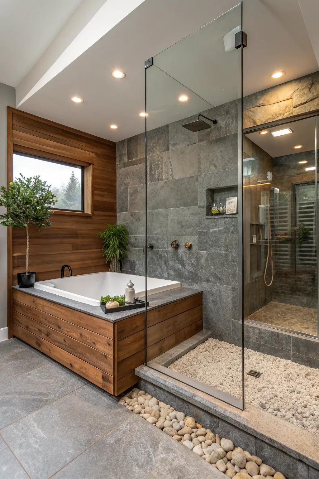 Contrasting materials add dimension and interest to your bathroom design. 🪵🪨 #MaterialMix #InteriorDesign