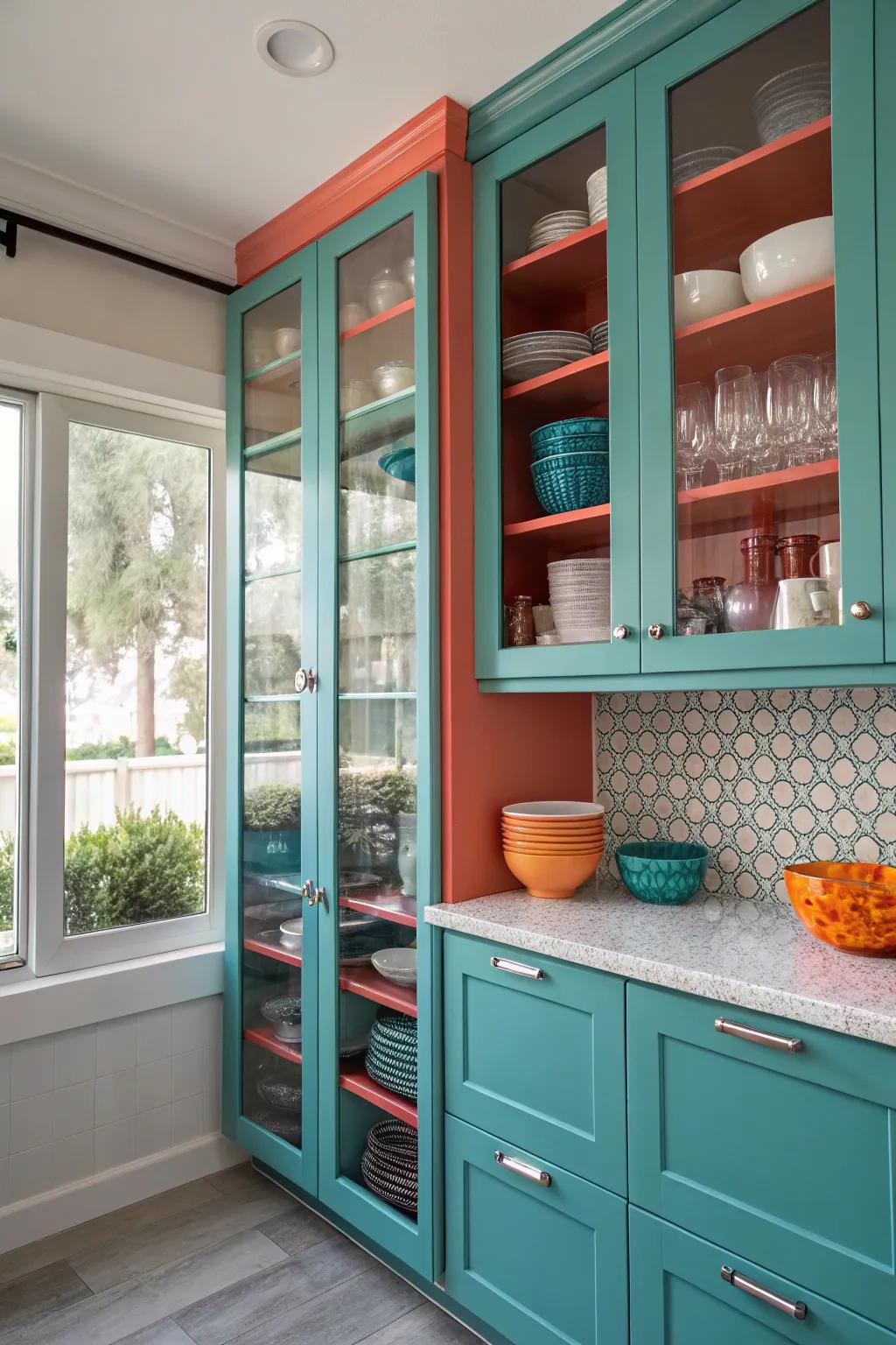 Enhance your kitchen's airy feel with glass shelves, creating a spacious and modern look.
