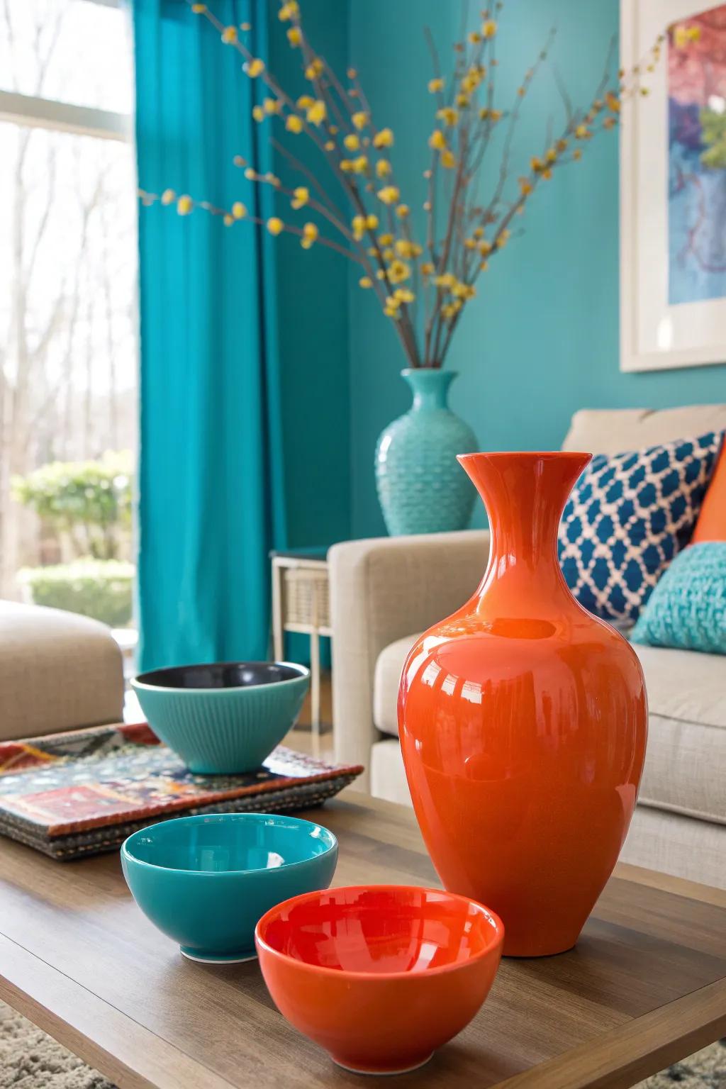 Subtle ceramic accents in orange and blue add an artisanal touch to your living room.