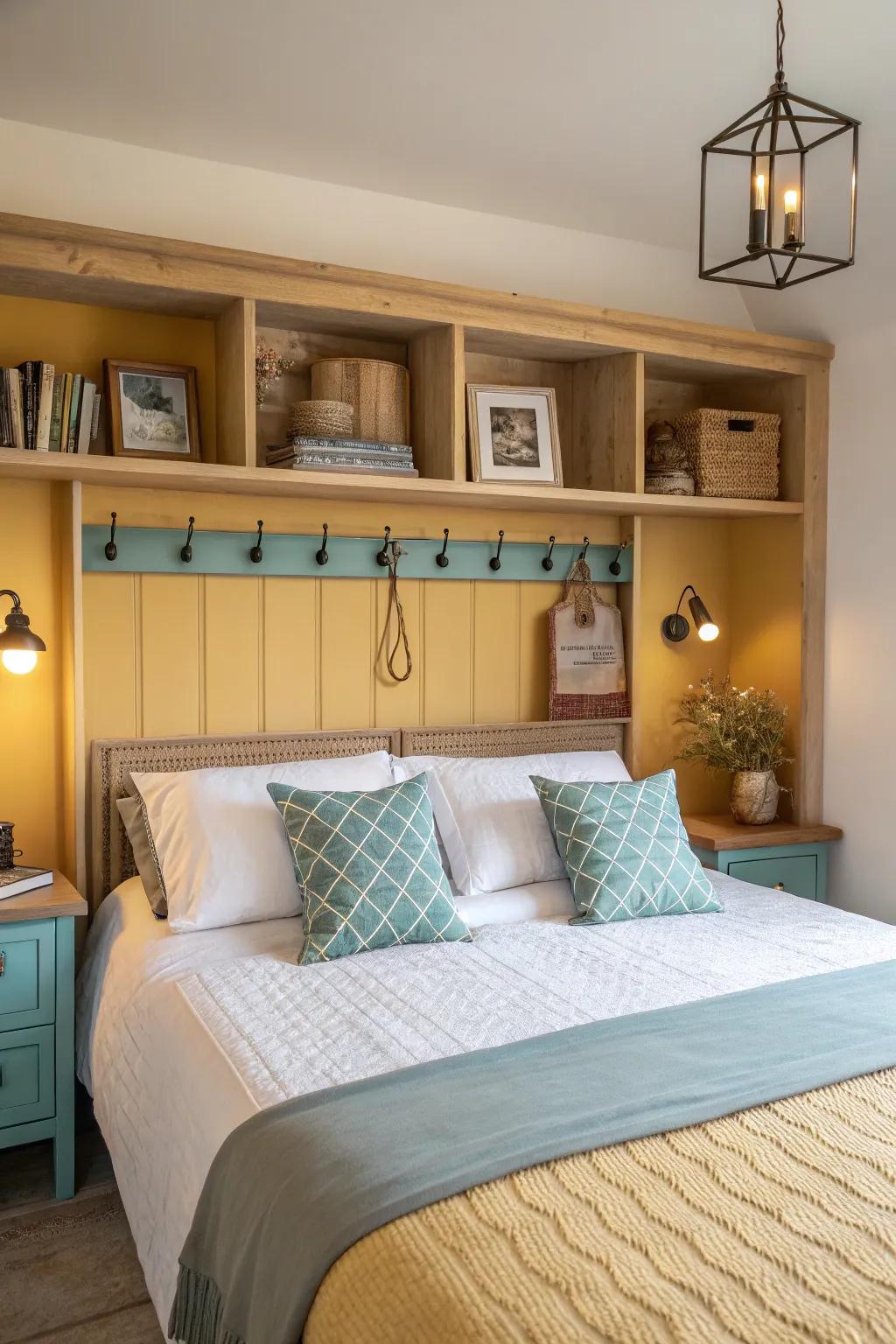 Combine art and function with a painted headboard featuring integrated shelving.