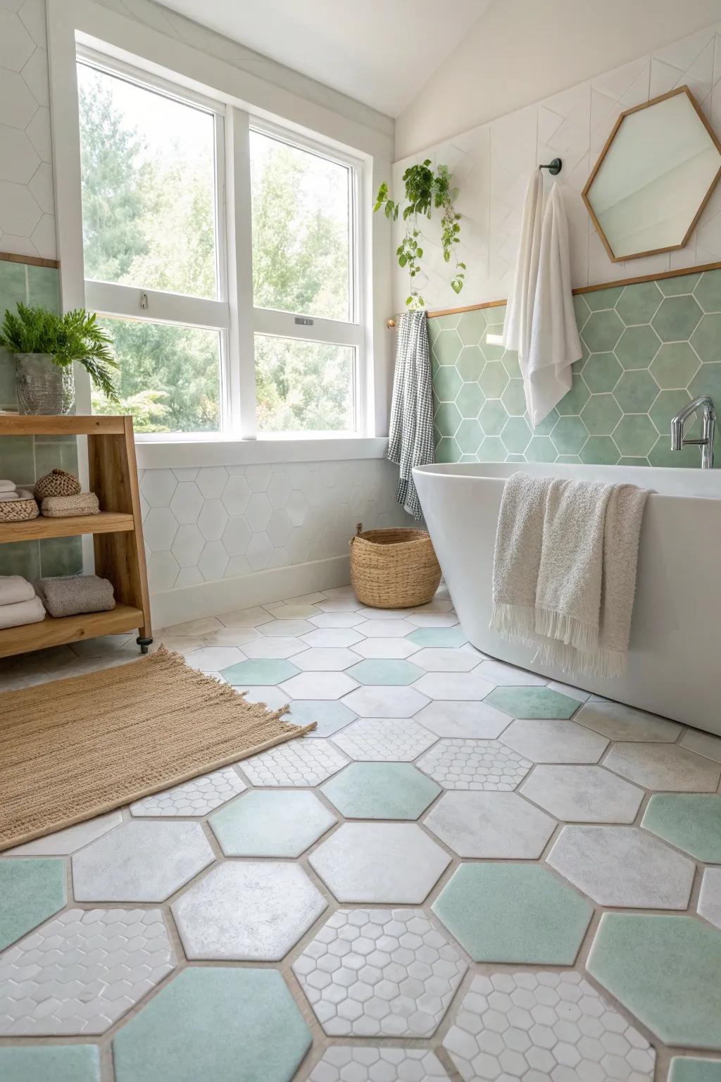 Hexagonal tiles add a modern twist to the soothing sea salt palette.