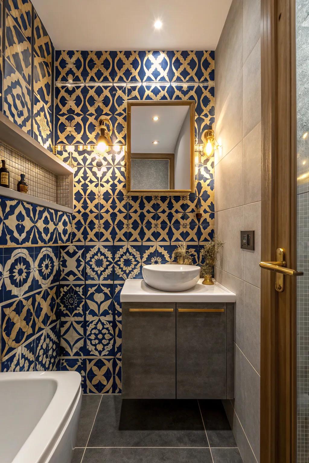 A bold accent wall makes a striking statement in small bathrooms.