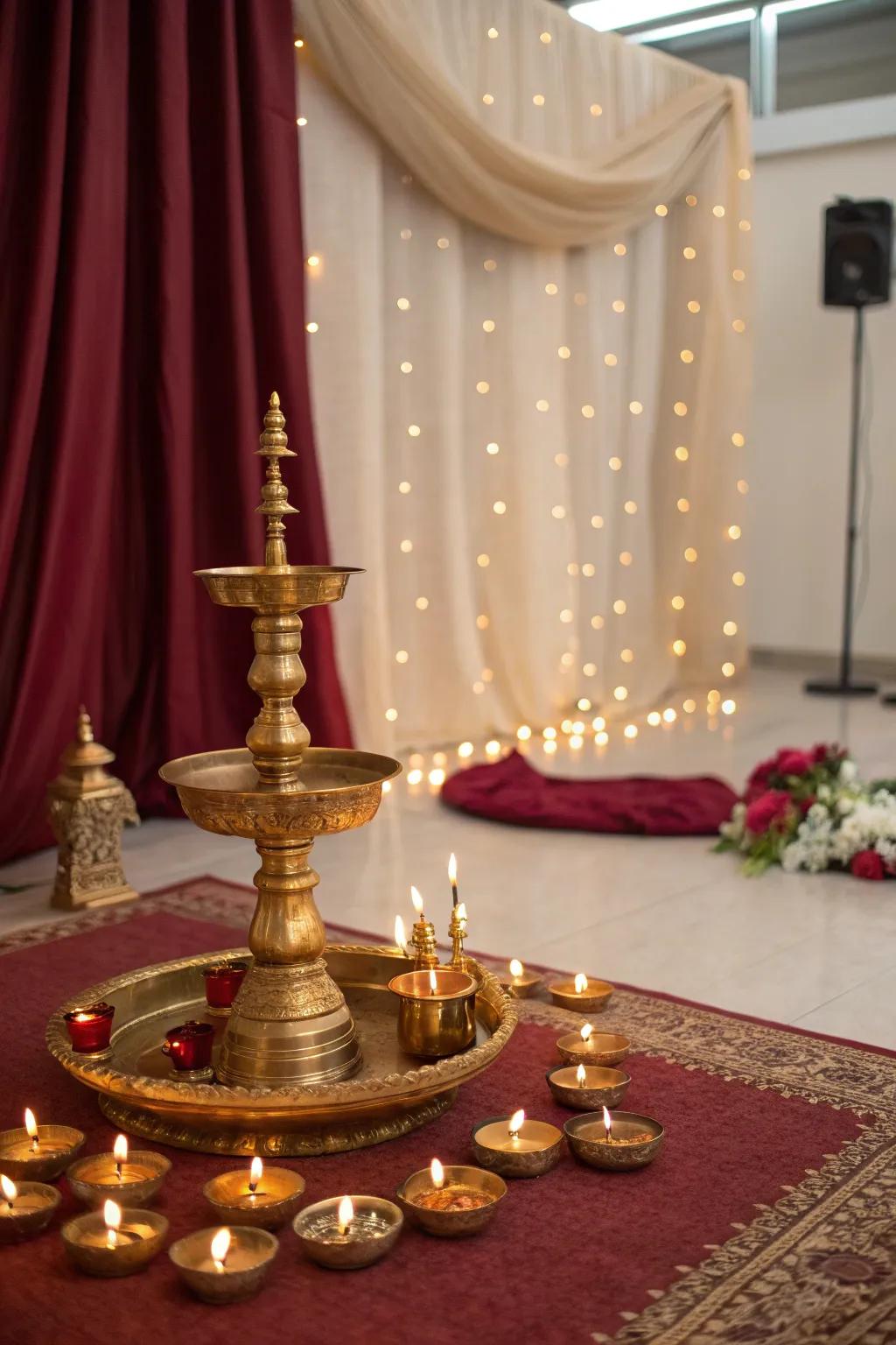 Brass and copper accents add a warm glow and elegant touch, enriching your pooja setup.