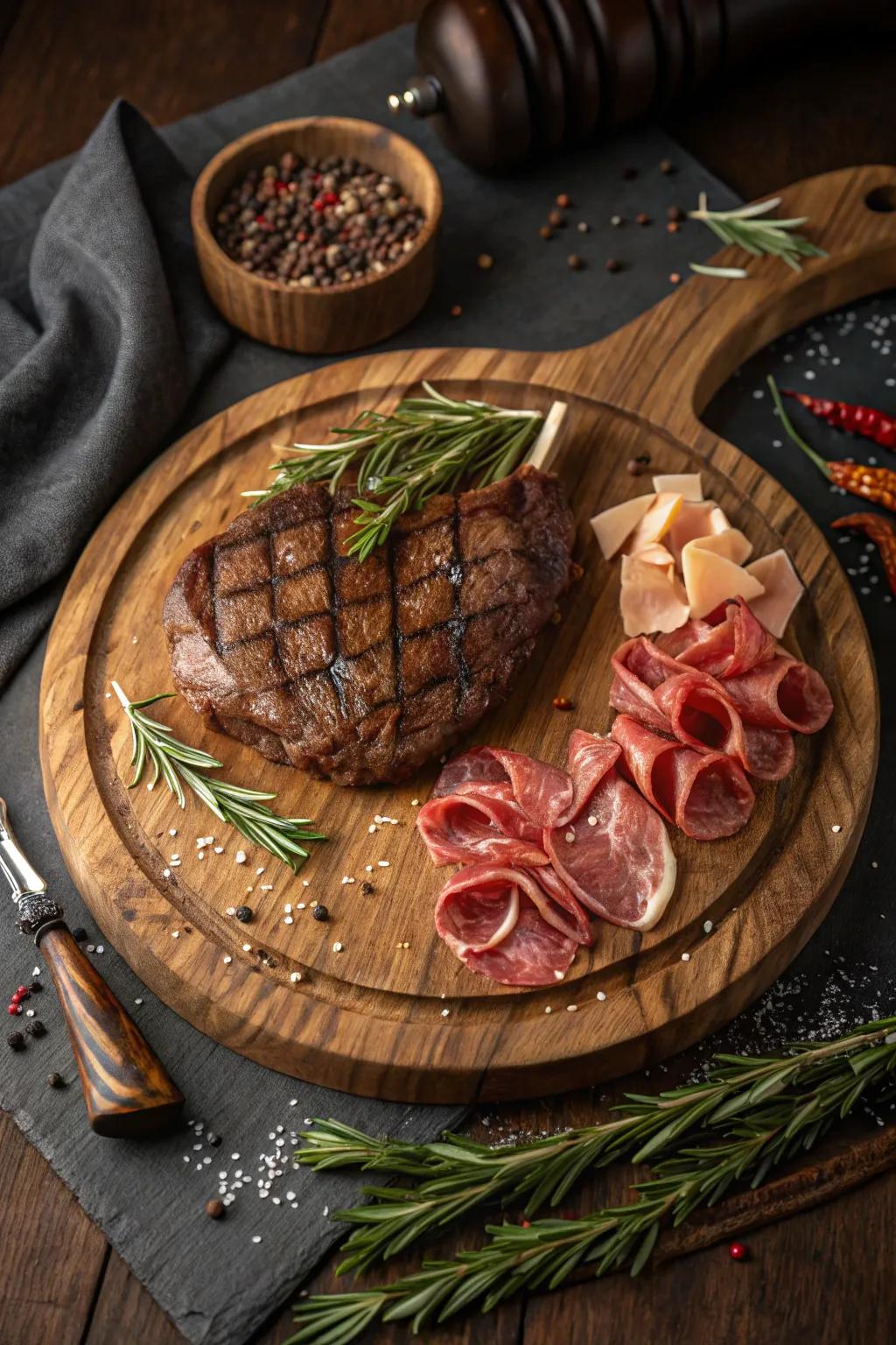 Elevate your steak board with a gourmet charcuterie twist for a luxurious dining experience.
