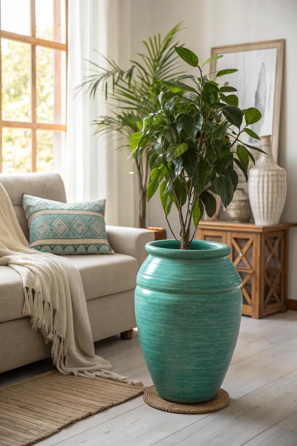 Plants in teal pots bring nature indoors, adding vibrancy and color.