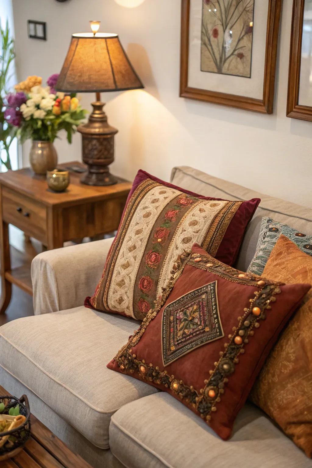 Use thrifted textiles to craft custom pillow covers that add warmth and character to your space. 🛋️ #TextileDecor #ThriftStoreFinds