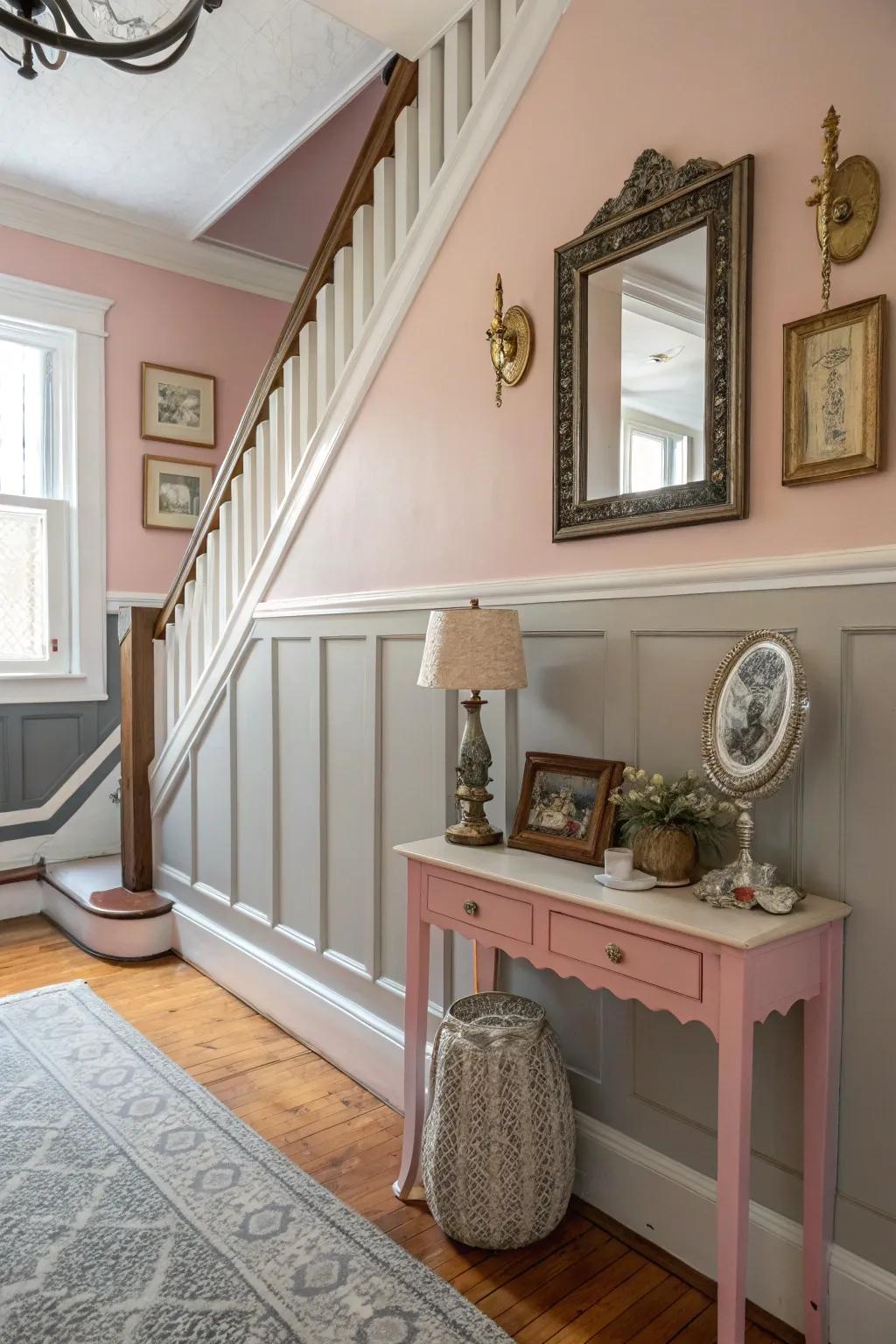 Transport yourself to a bygone era with charming blush and gray wainscoting, perfect for vintage lovers.