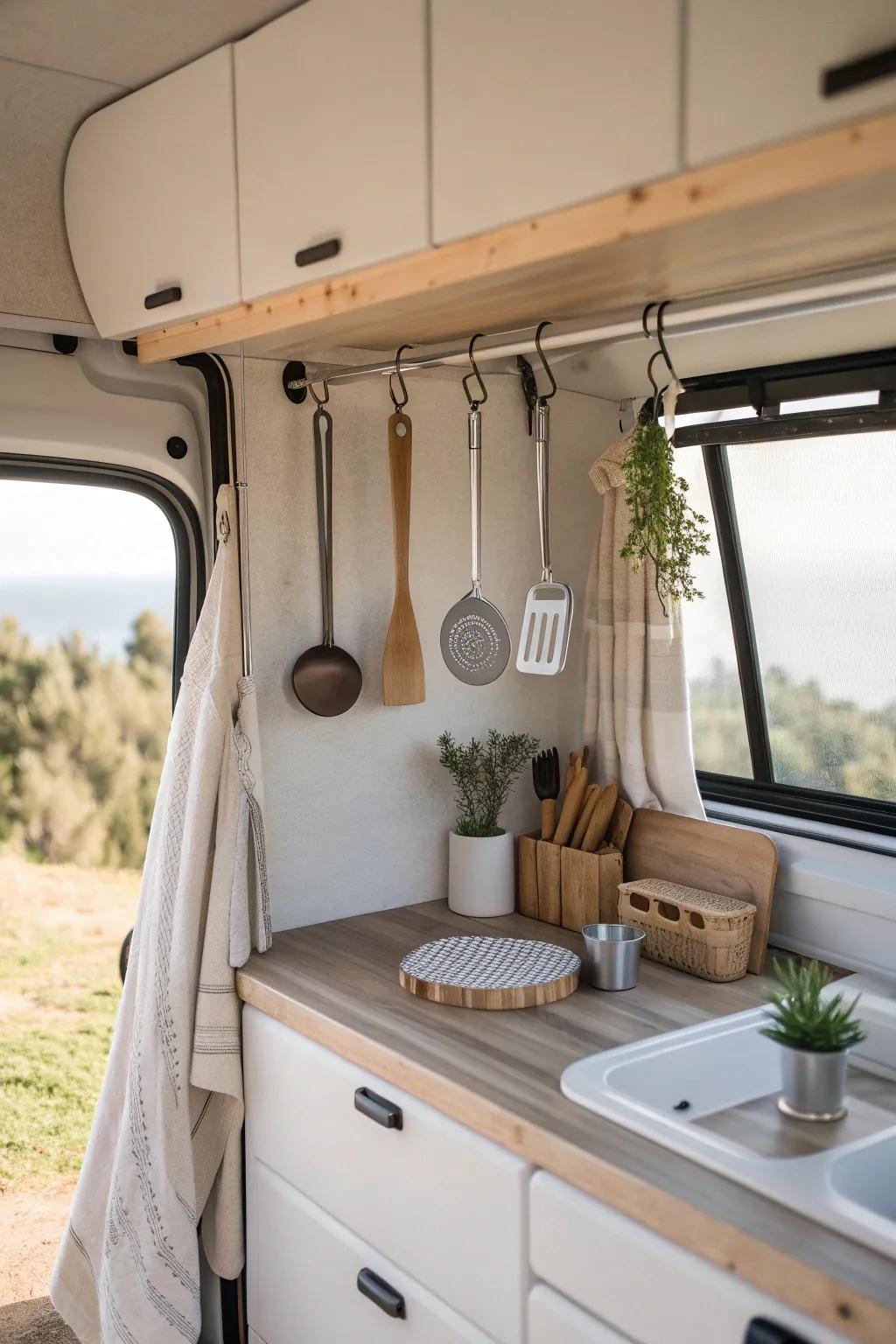Keep your kitchen organized and stylish with hanging utensils. #KitchenOrganization #InteriorDesign