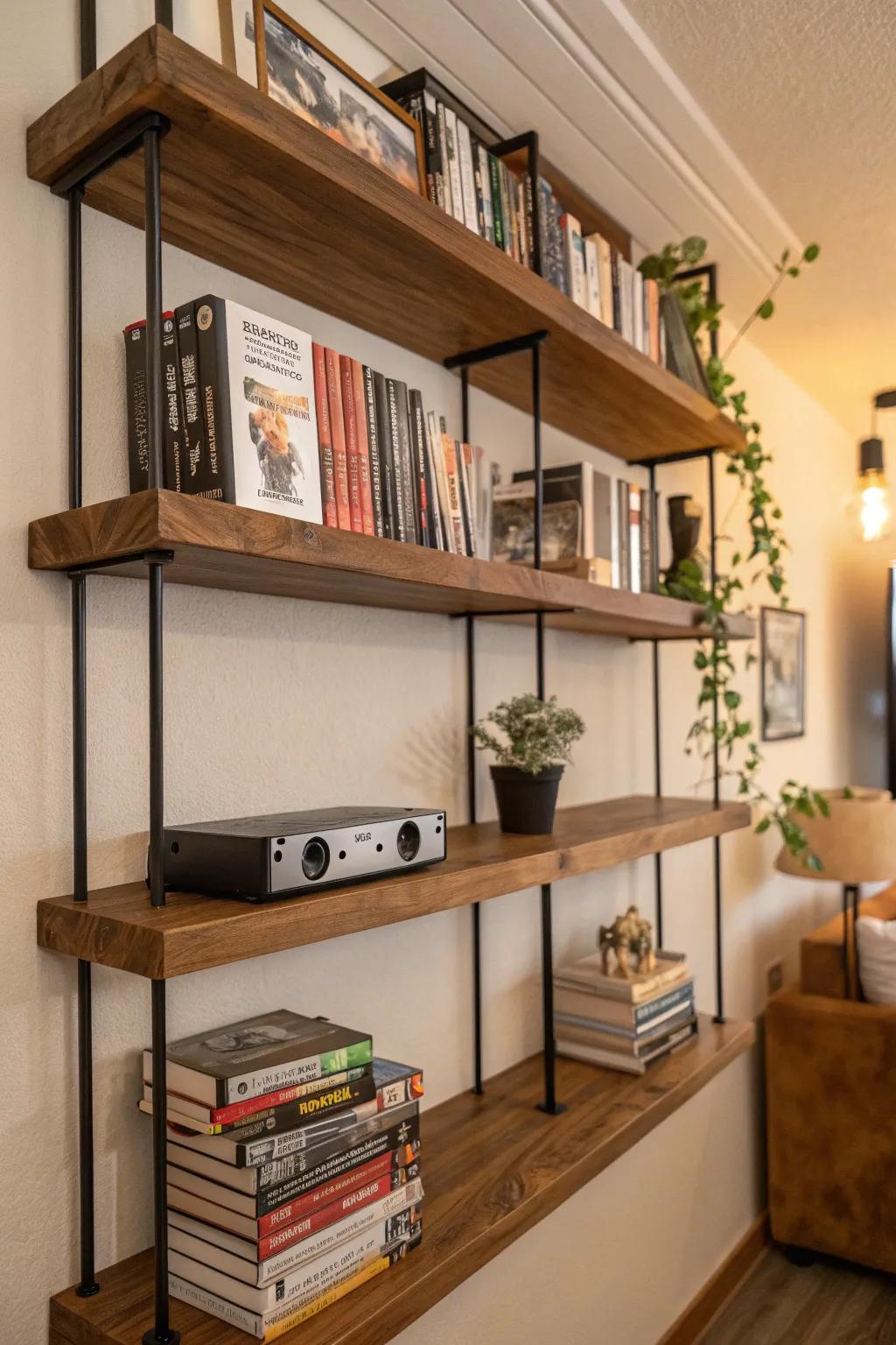 Achieve modern elegance with floating shelves that perfectly display your VHS collection.