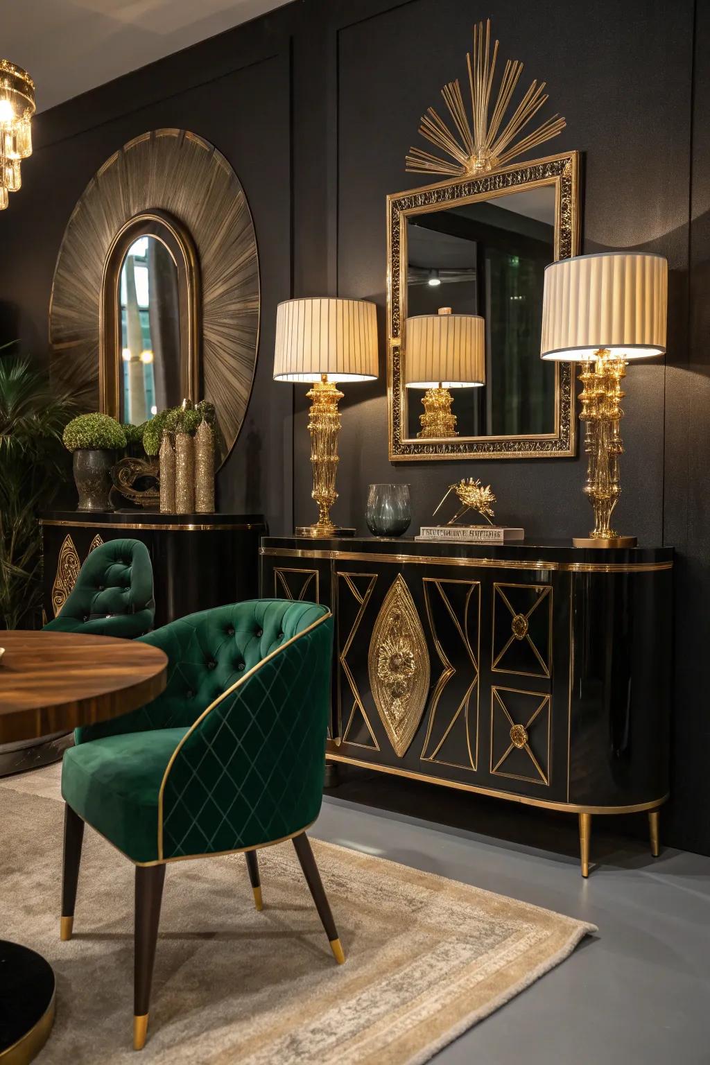 Bold color combinations like black and gold capture the opulence of the 1920s. 🎨 #ColorInspiration #InteriorDesign