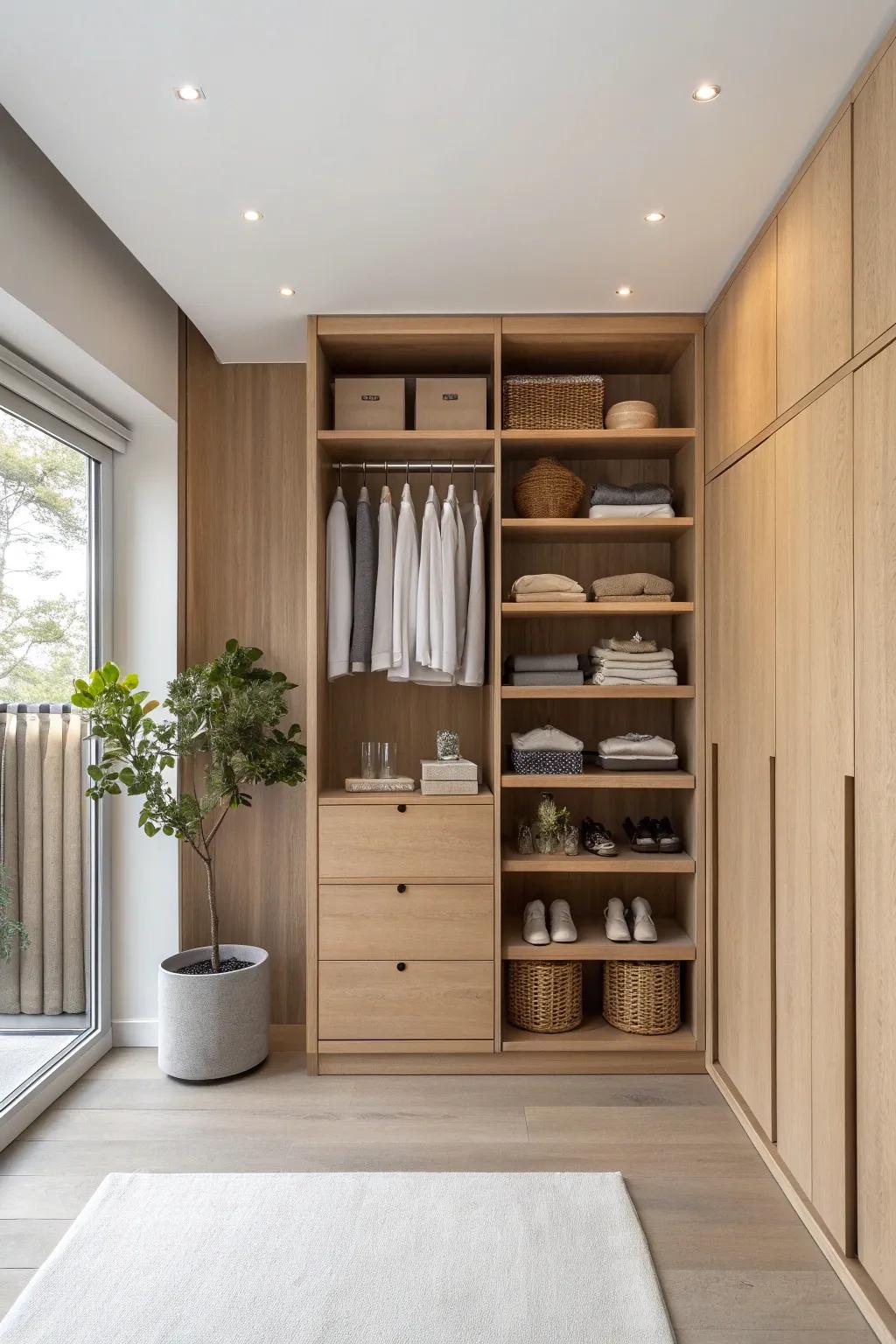 Discover the magic of hidden storage that keeps your closet looking sleek and uncluttered.