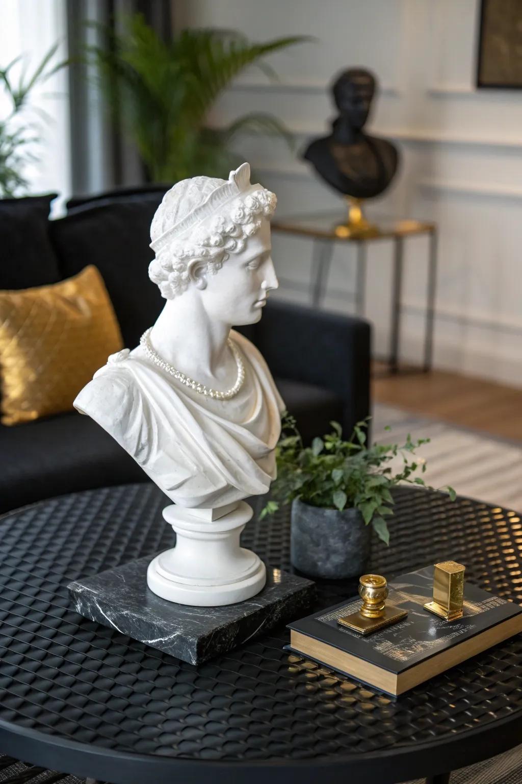 Make a statement with an artistic black and white sculpture that sparks conversation.
