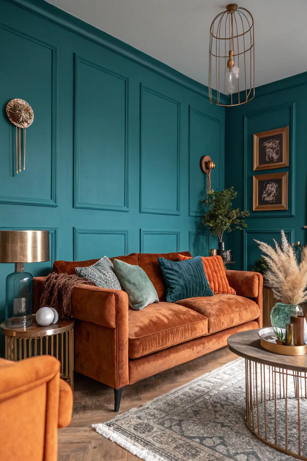 A teal feature wall creates a dramatic backdrop, highlighting vibrant accents. 🎨 #FeatureWall #BoldDesign