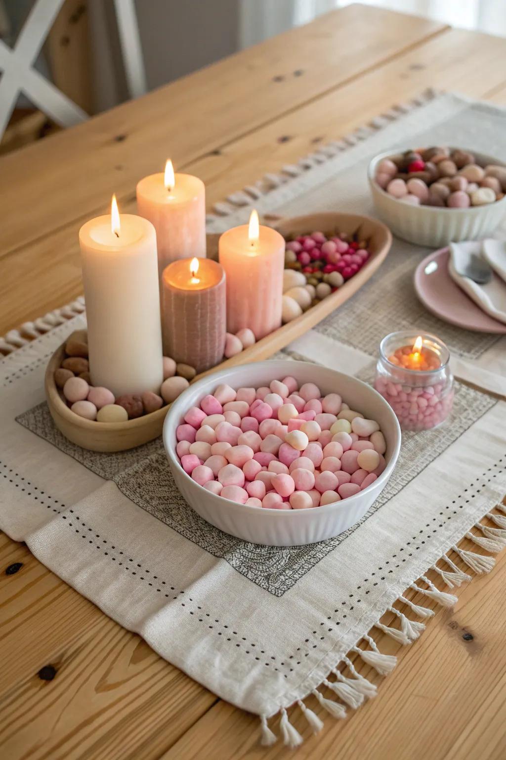 Candles and candies together create a cozy and magical centerpiece.