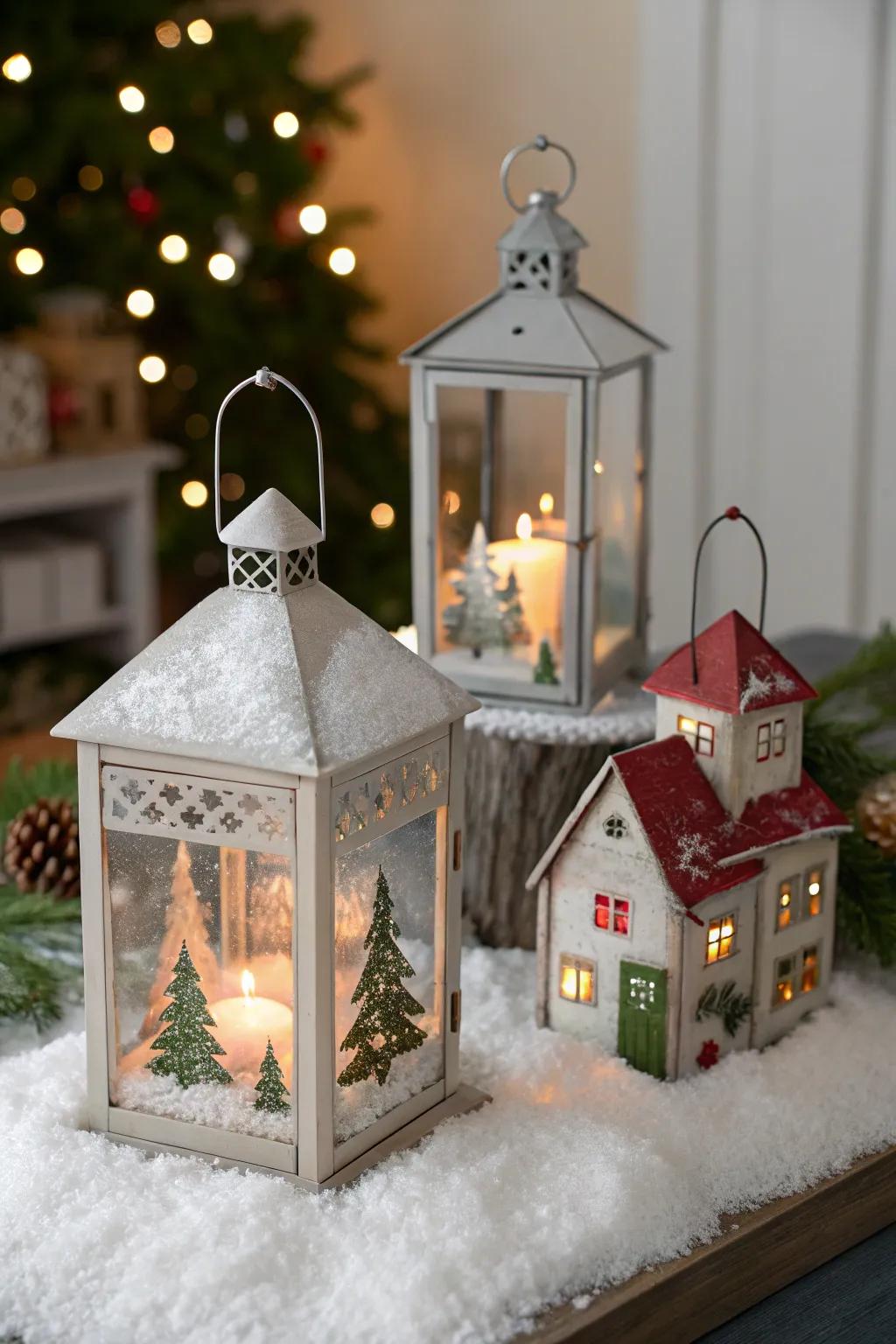 Immerse yourself in the magic of tiny village scenes within glowing lanterns.