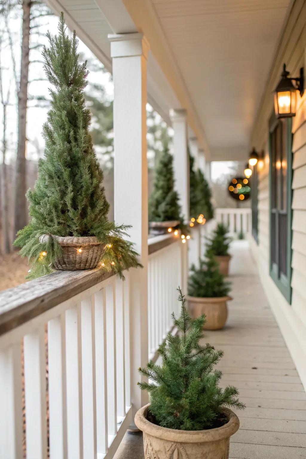Create a charming forest-like entrance with mini Christmas trees lining your railings. 🎄 #MiniTrees #CharmingEntrance