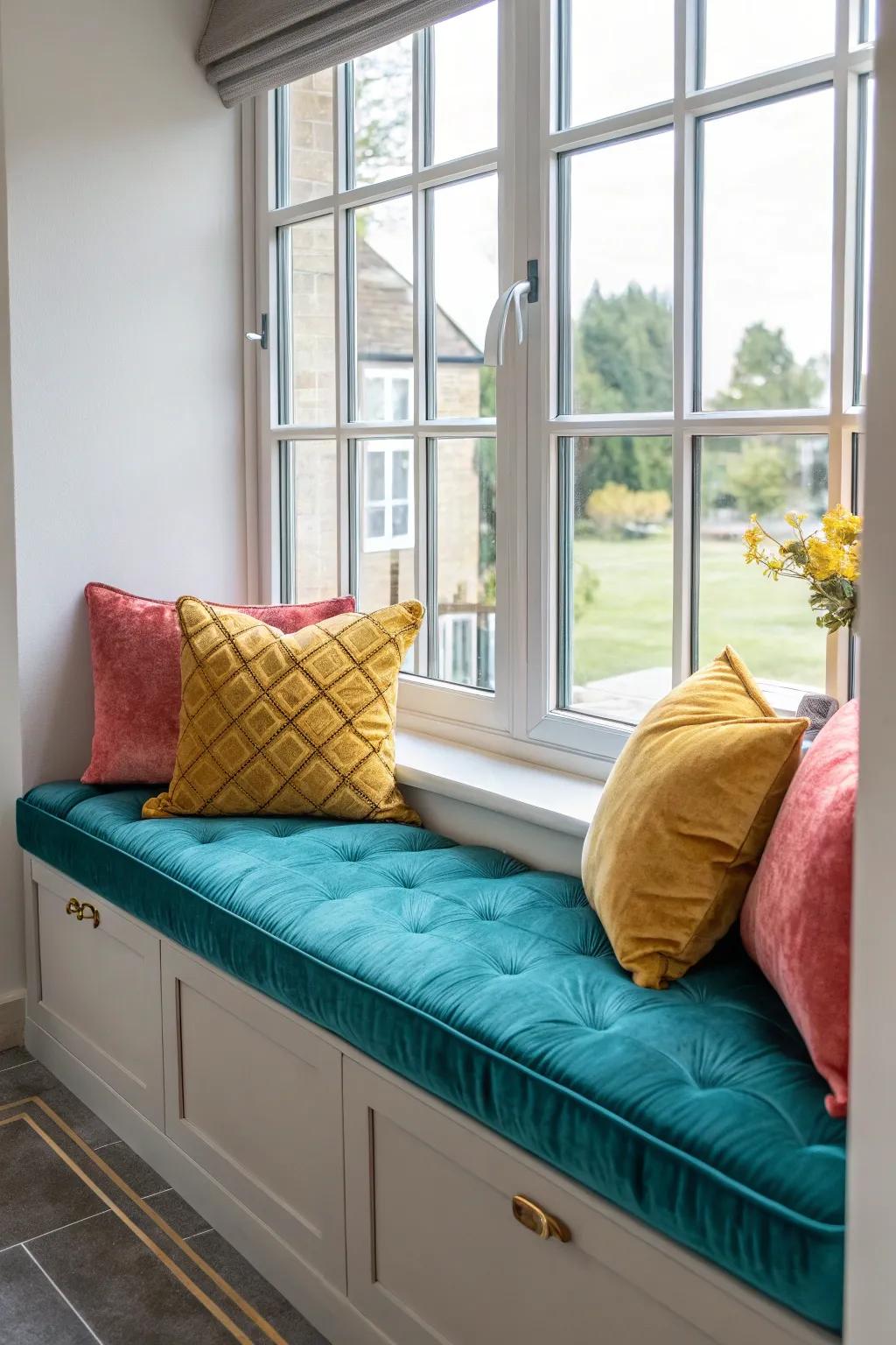 Experience understated luxury with a velvet-upholstered window seat.