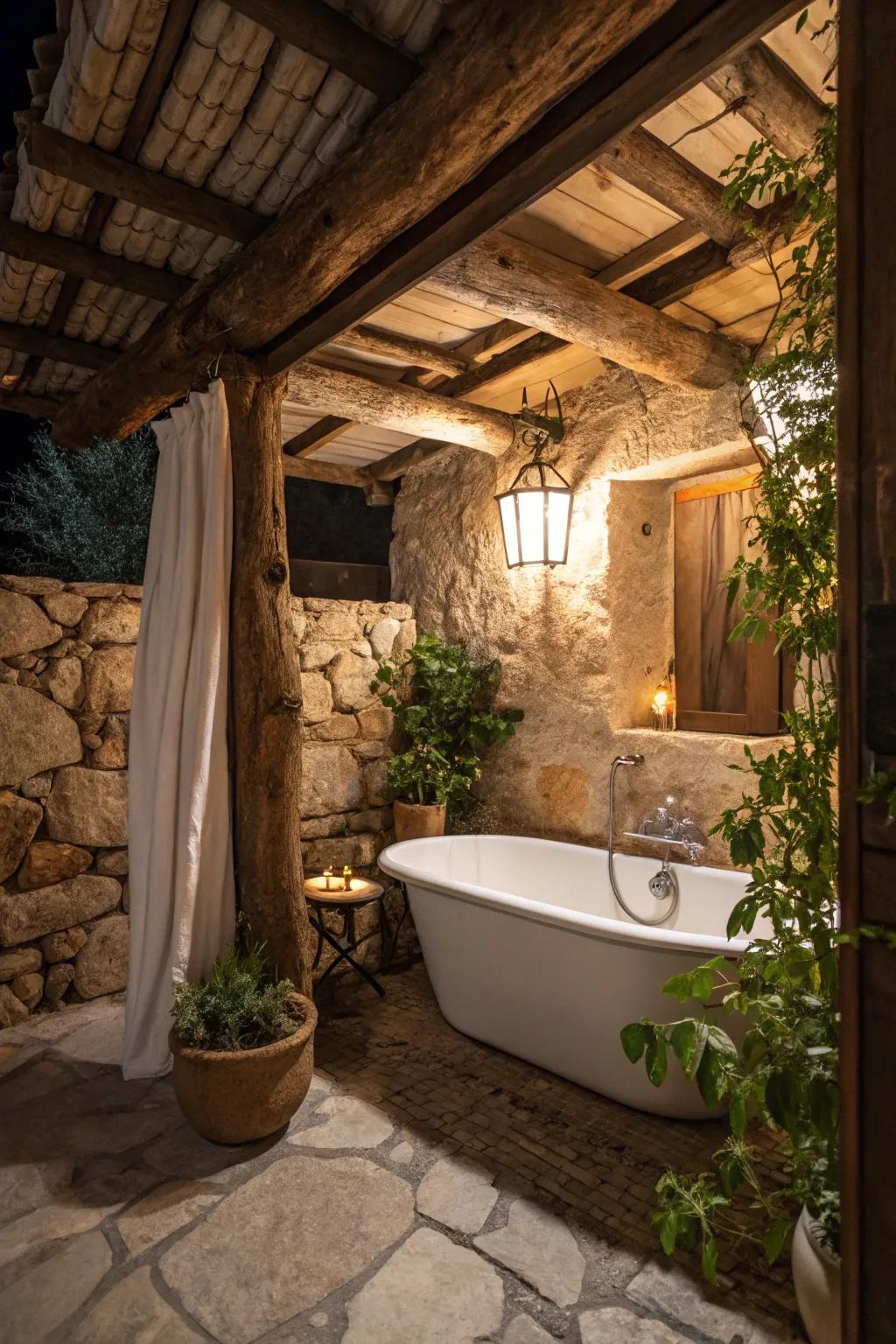 Infuse rustic charm into your bathroom with a corner freestanding tub surrounded by natural materials.