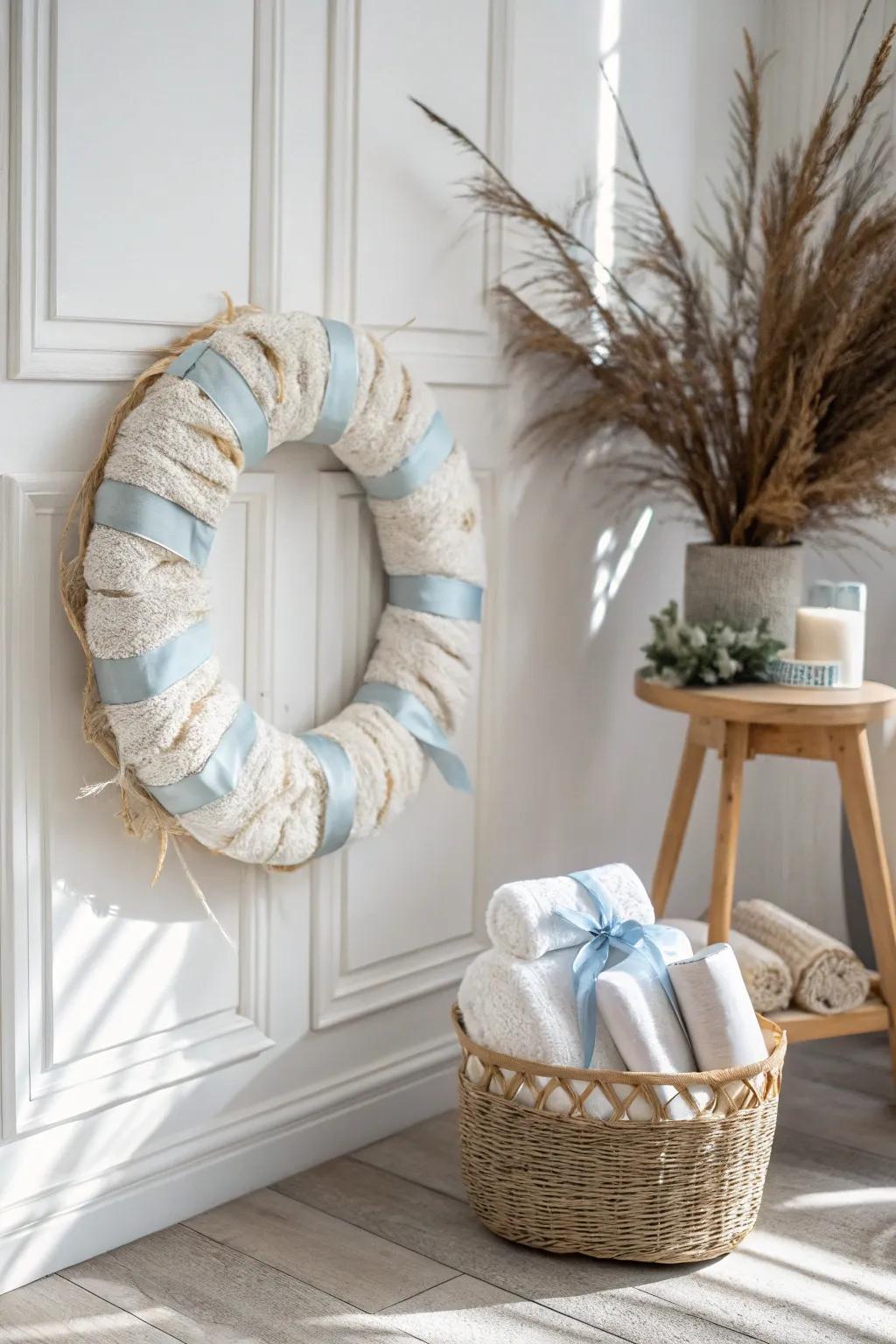 Embrace minimalist elegance with a monochrome color scheme in your diaper wreath.