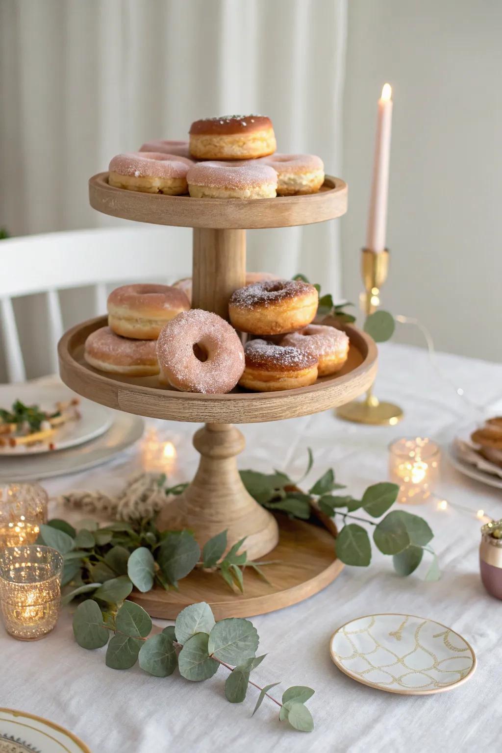 Elevated cake stands bring a touch of grandeur to this donut display. 👑 #CakeStandElegance #WeddingDesserts