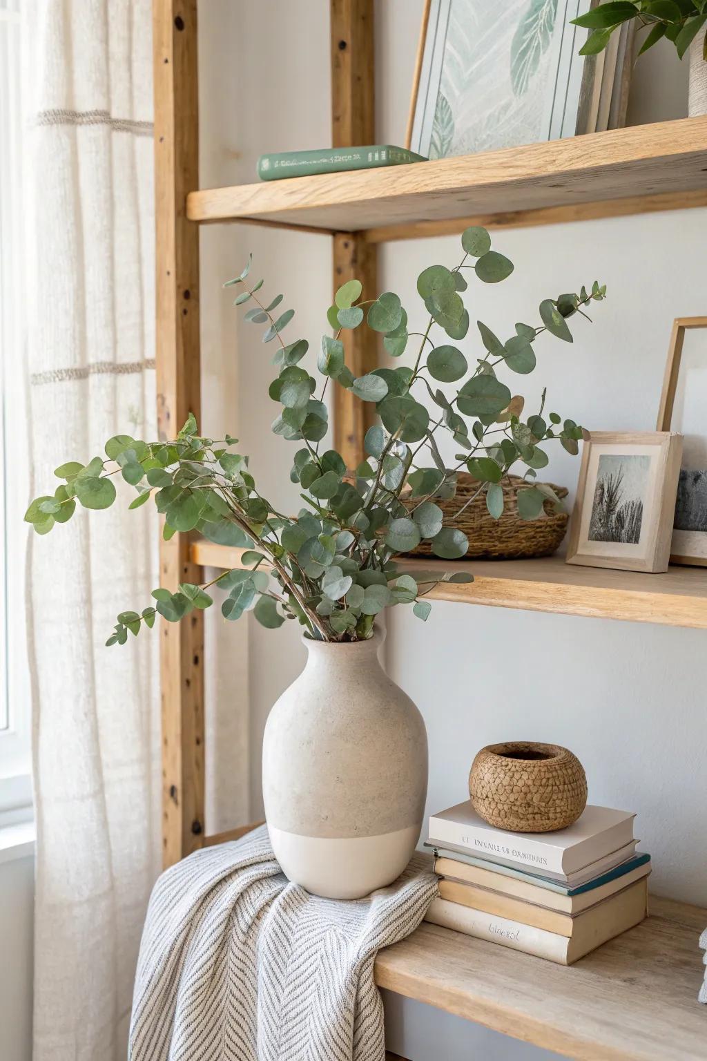 Infuse freshness into your shelves with delicate eucalyptus sprigs.