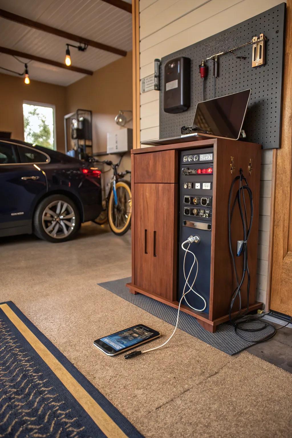 Stay connected with a dedicated charging station in your garage. 🔌#TechSavvy #GarageInnovation