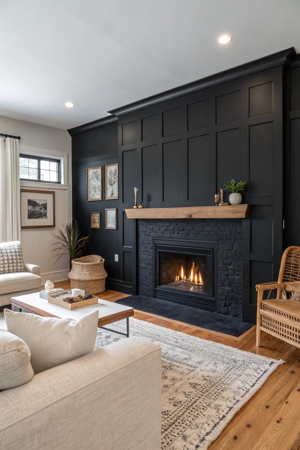 Embrace boldness with a black accent wall that makes your fireplace stand out.