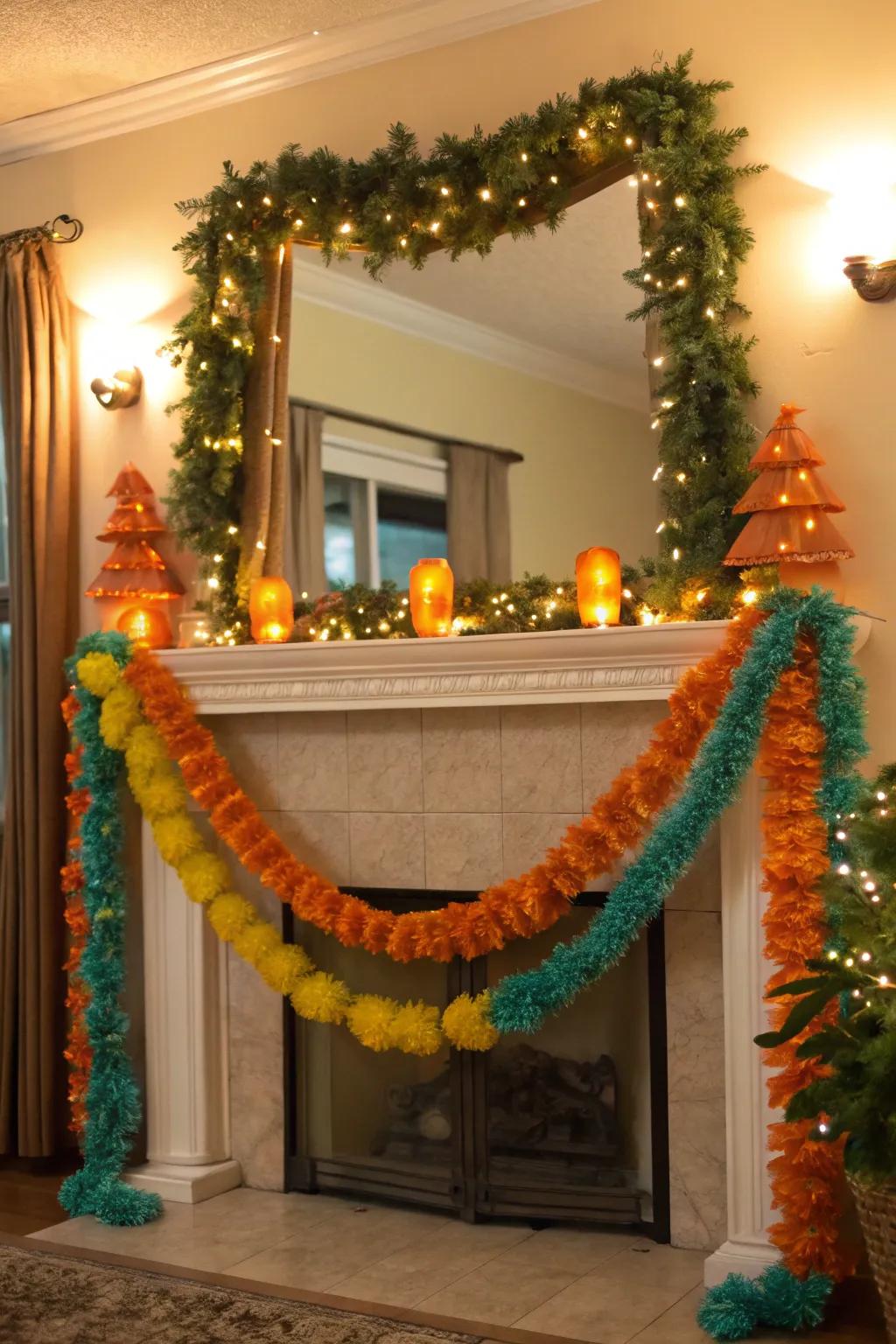 Celebrate the seasons with festive decor around your mirror for a welcoming fireplace. 🎄 #SeasonalDecor #FestiveVibes
