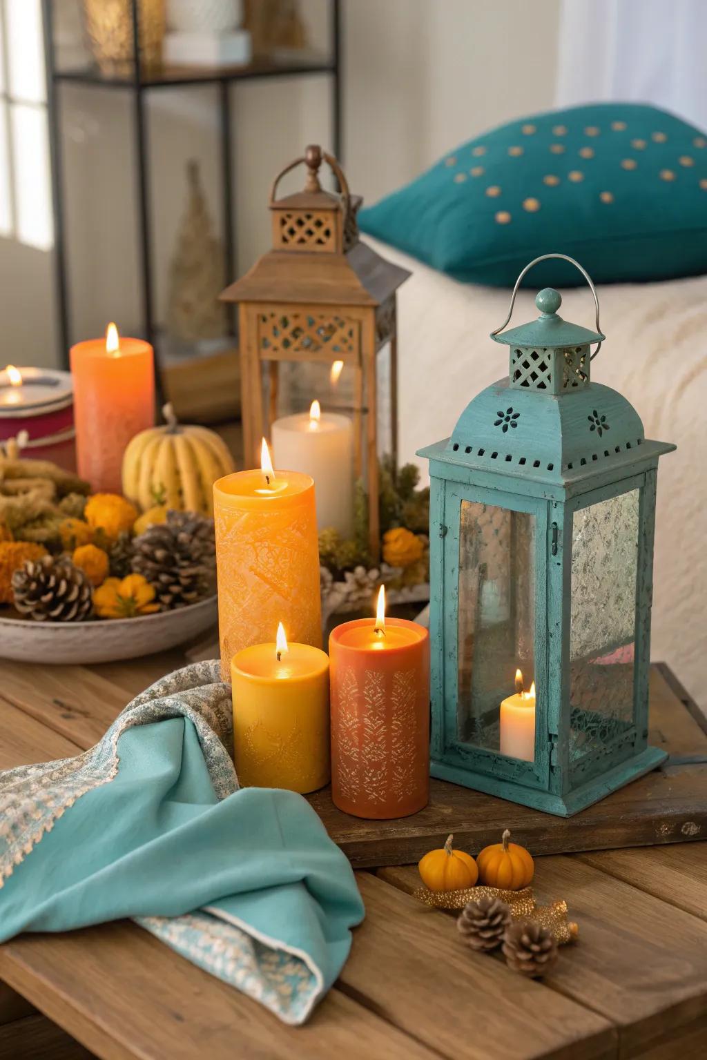 Ambient lighting with candles and lanterns sets a warm and inviting tone for your gathering.