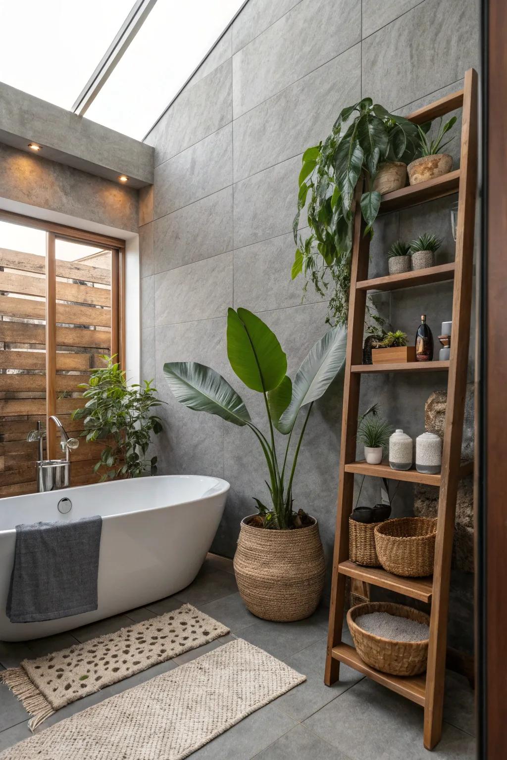 Bring your bathroom to life with green accents against a grey-brown backdrop.