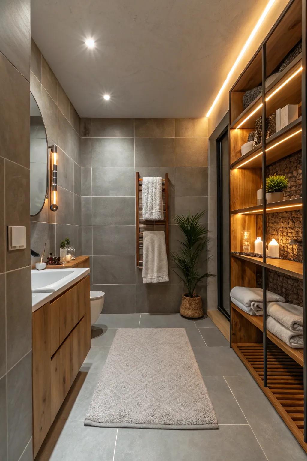 Warm wood accents bring coziness to grey-tiled bathrooms.