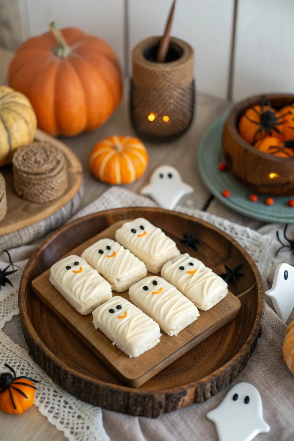 Mummy-wrapped treats are as cute as they are delicious—perfect for a Halloween baby shower! 👻 #MummyTreats #HalloweenFun
