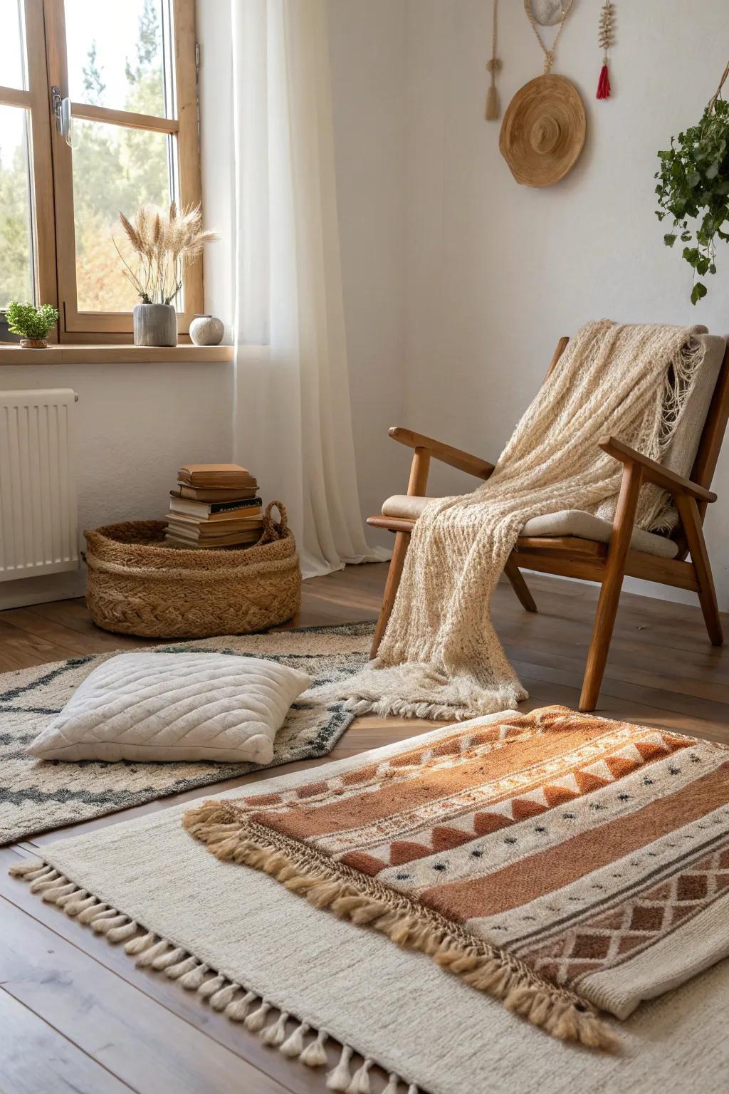 Step onto layered comfort with rugs that warm both the feet and the heart.