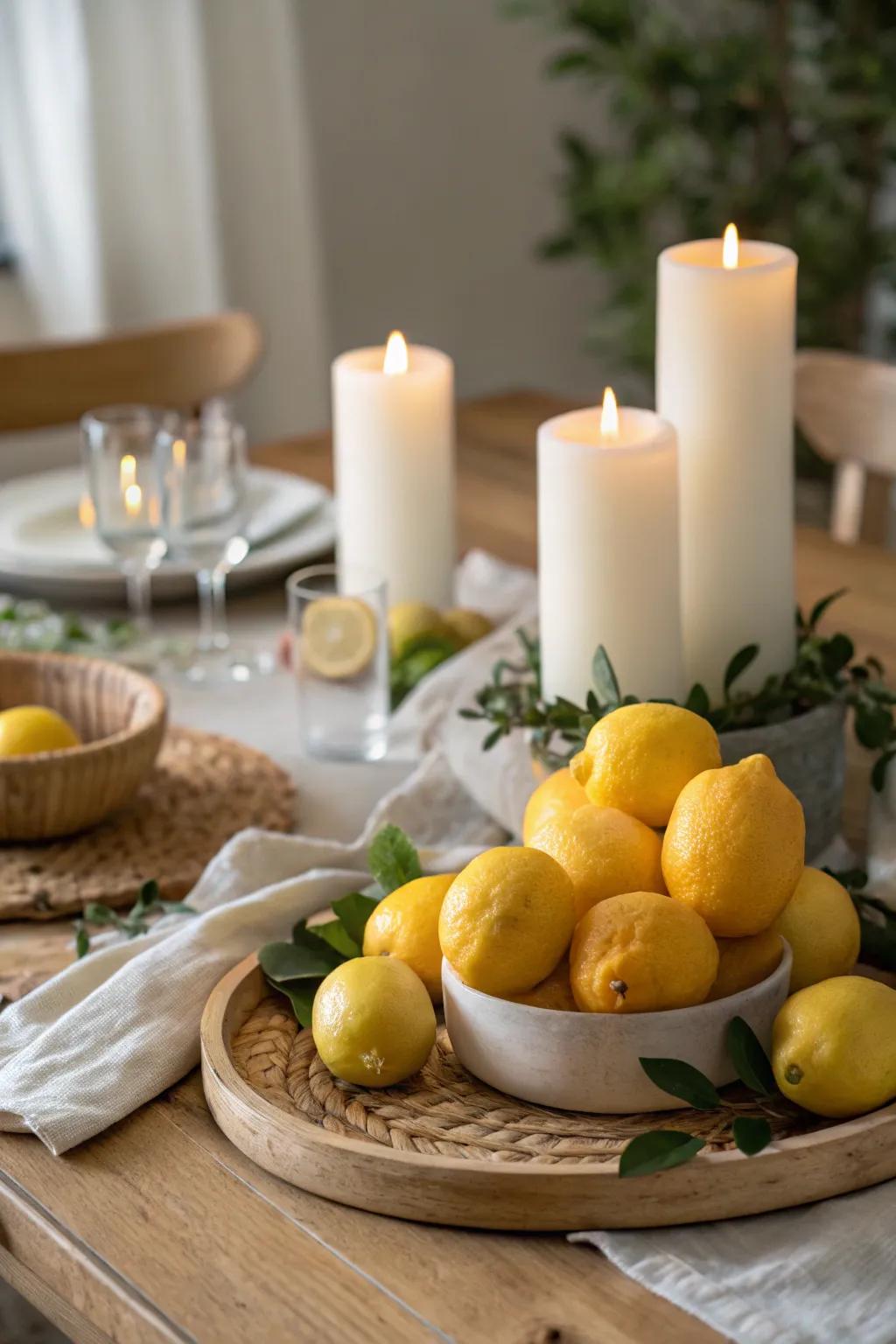 Combine lemons with candles for a warm and inviting centerpiece that enhances any evening setting.