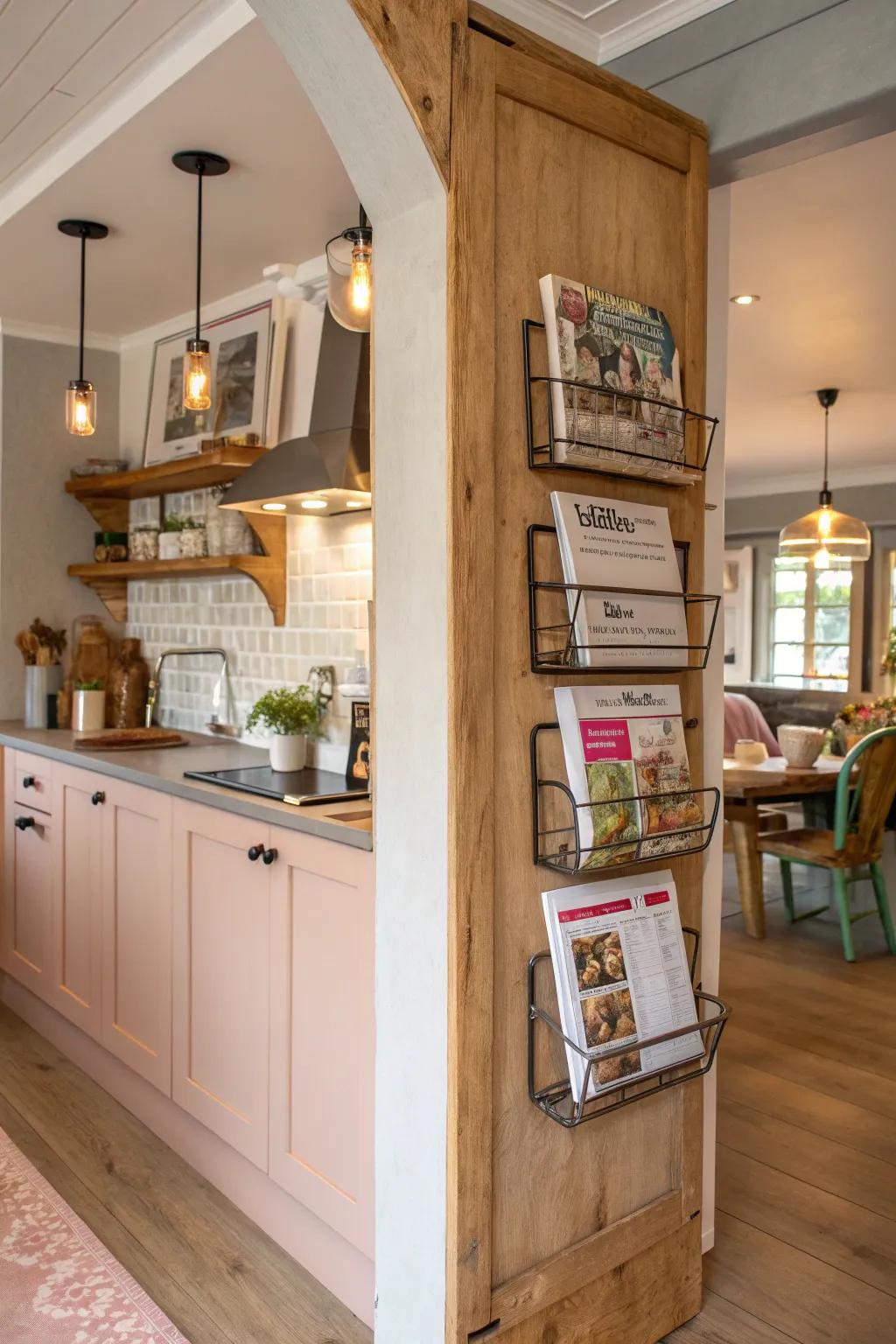 Free up counter space with wall-mounted magazine holders that keep your favorite recipes close at hand.