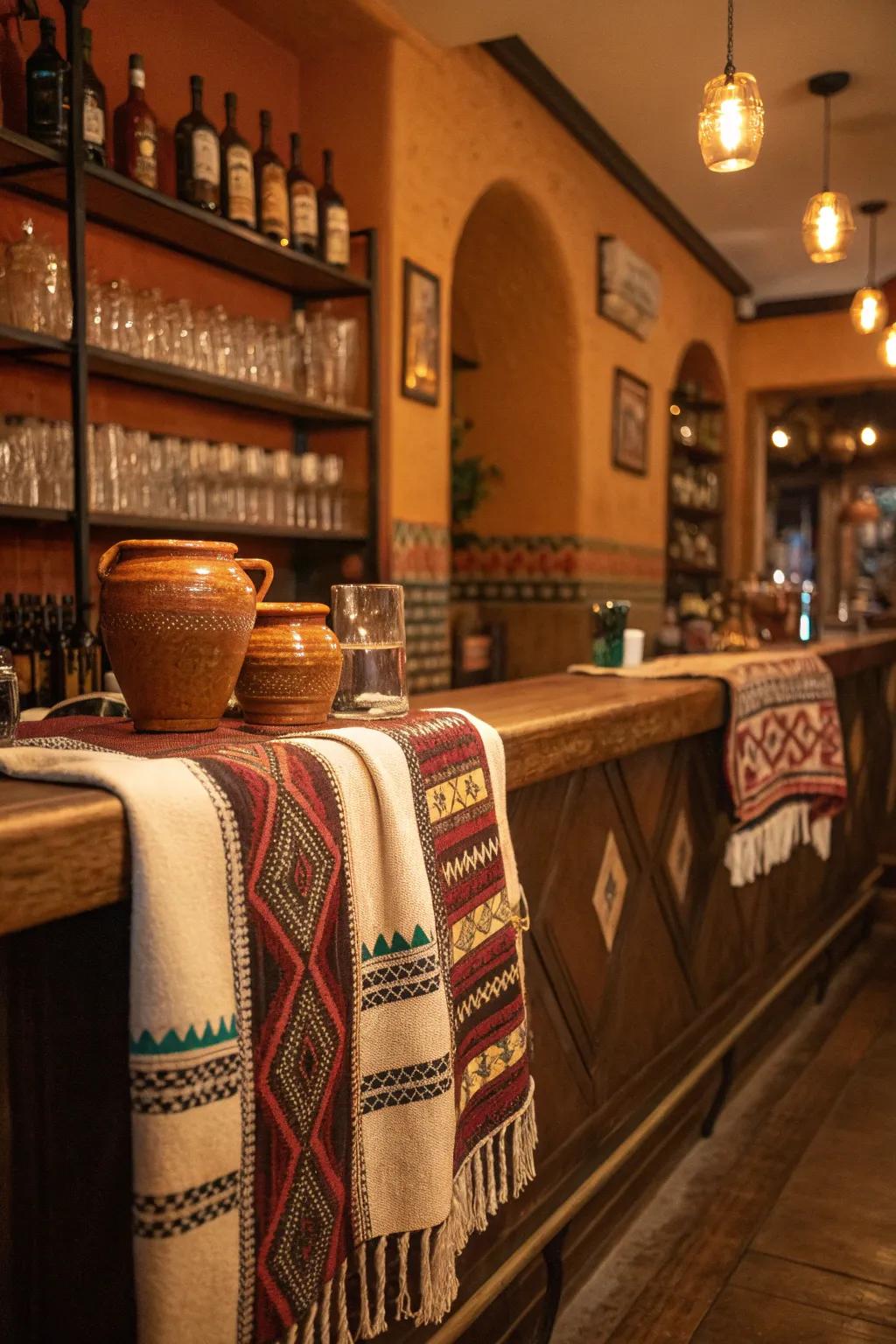 Textiles that tell a story of heritage and comfort add warmth to your bar.